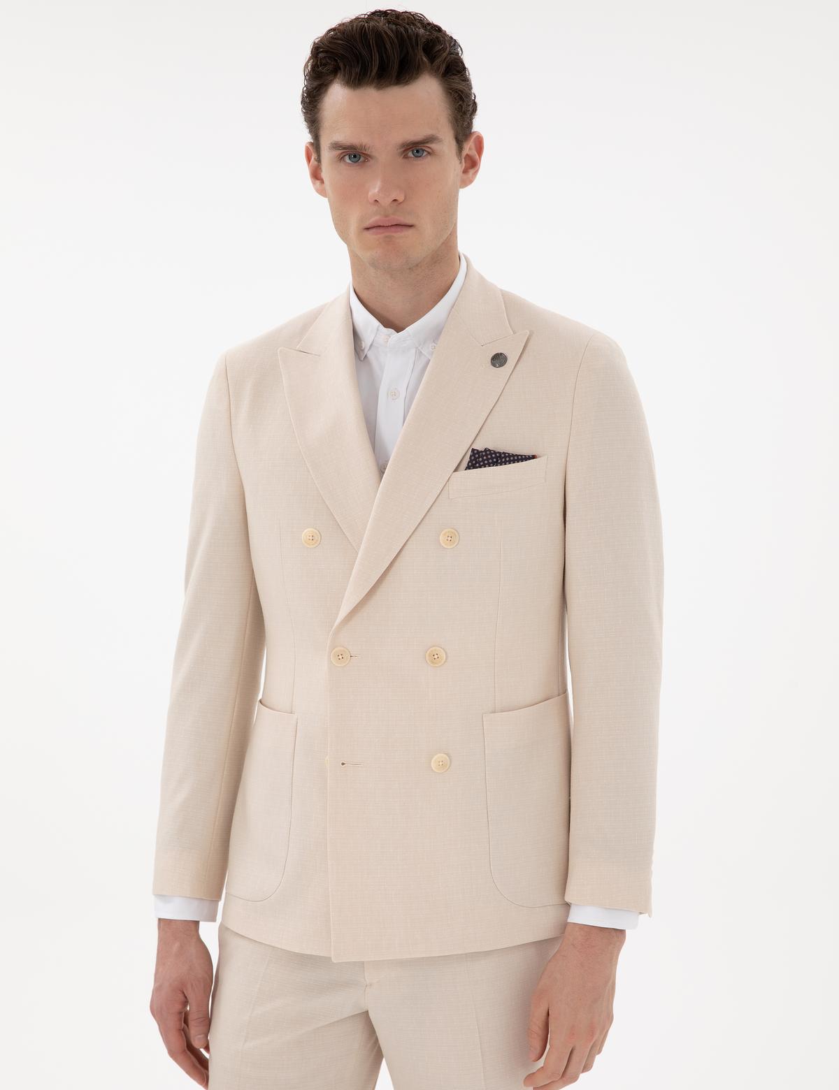 Bej Ex. Slim Fit Kruvaze Takım Elbise - 50306746044