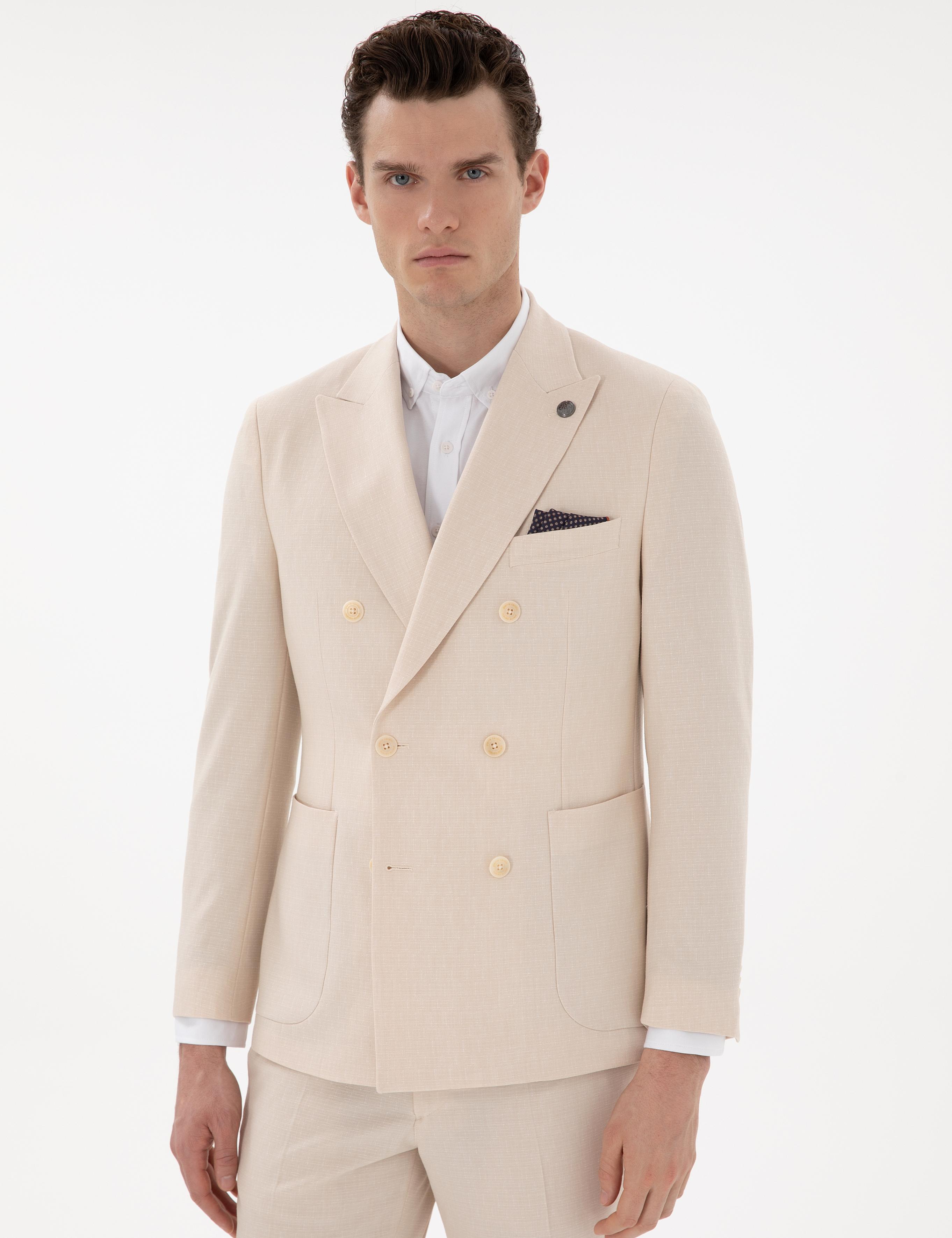 Bej Ex. Slim Fit Kruvaze Takım Elbise