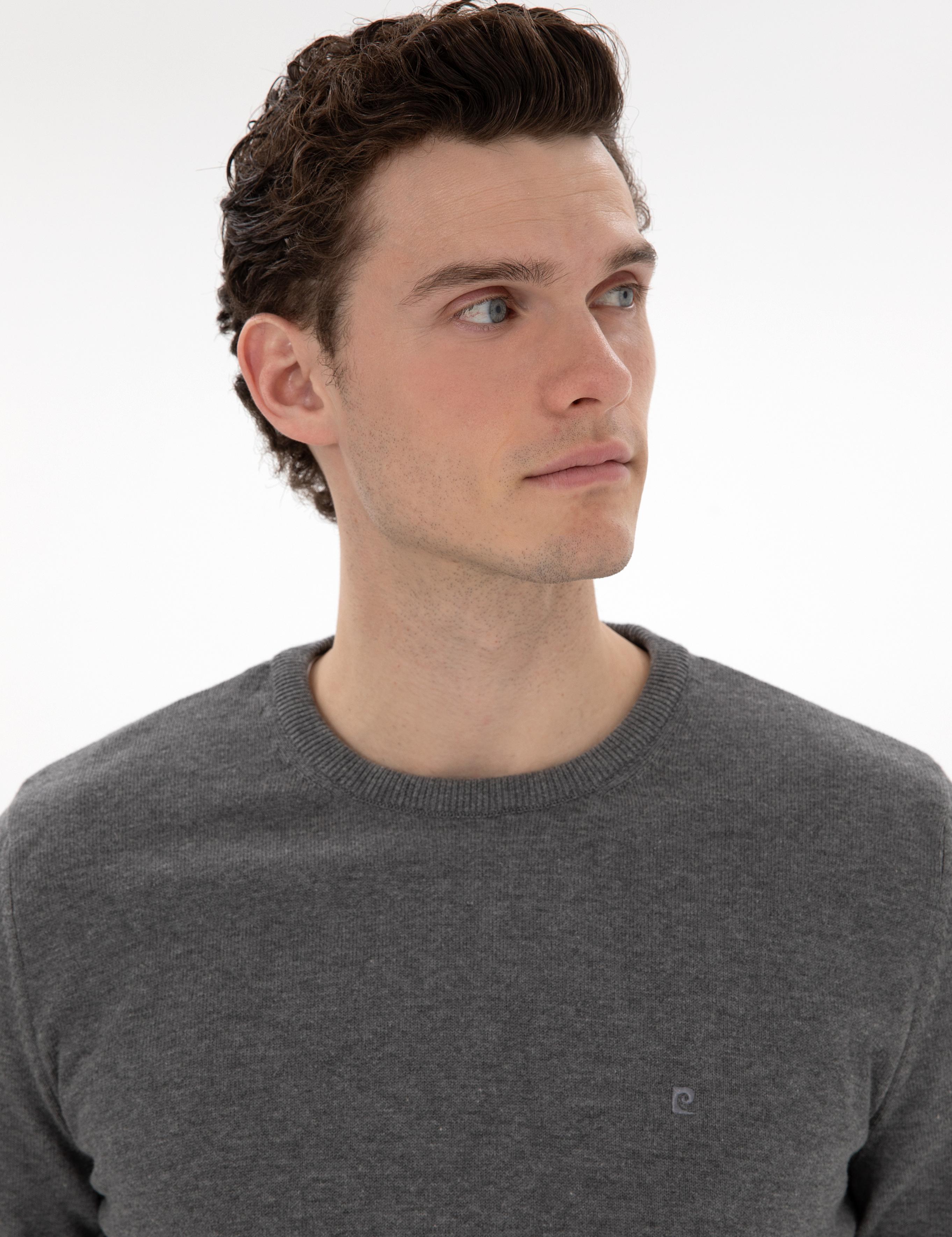 Gri Melanj Slim Fit Bisiklet Yaka Basic Triko Kazak