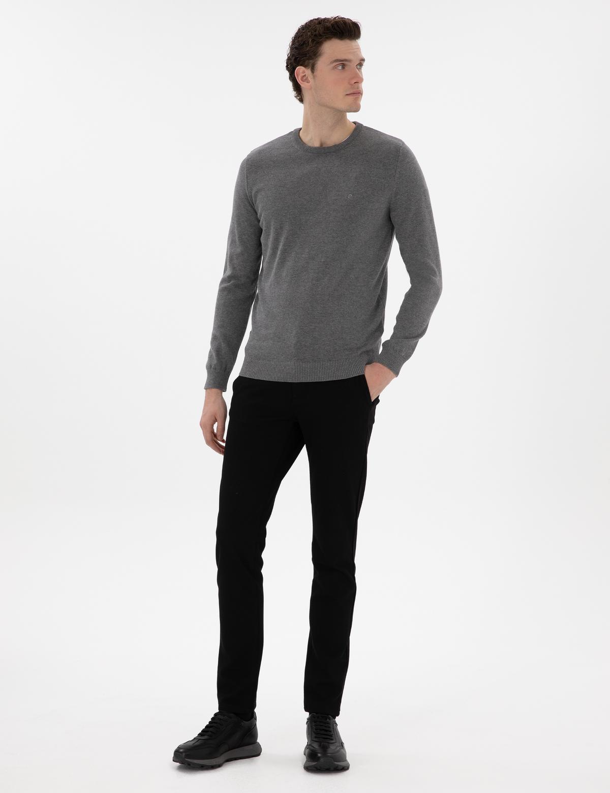 Gri Melanj Slim Fit Bisiklet Yaka Basic Triko Kazak - 50296575151