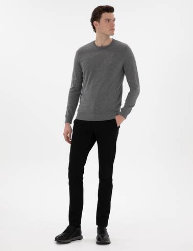 Gri Melanj Slim Fit Bisiklet Yaka Basic Triko Kazak
