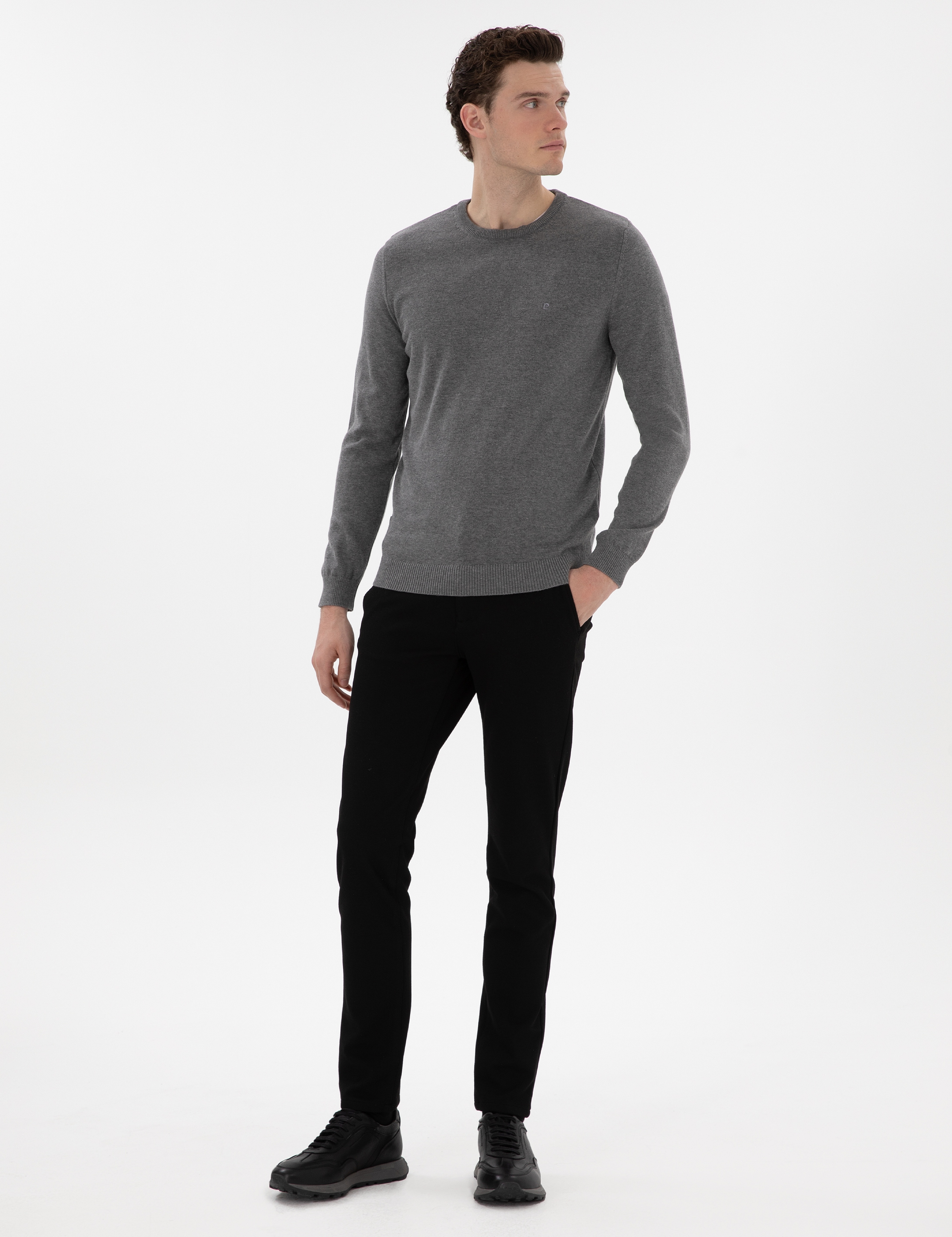 Gri Melanj Slim Fit Bisiklet Yaka Basic Triko Kazak - Image 4