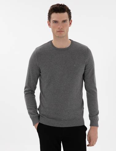 Gri Melanj Slim Fit Bisiklet Yaka Basic Triko Kazak