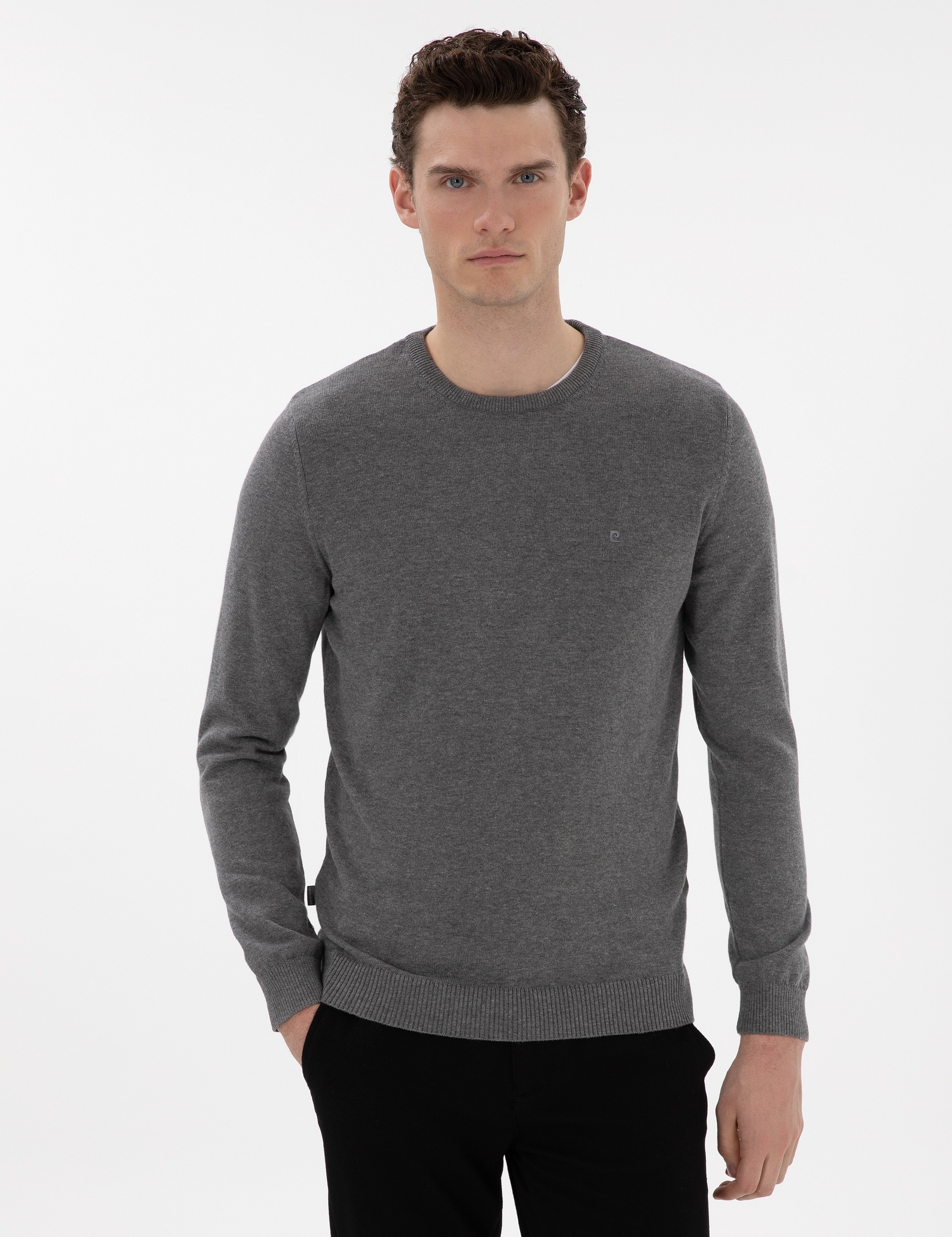 Gri Melanj Slim Fit Bisiklet Yaka Basic Triko Kazak - Image 1
