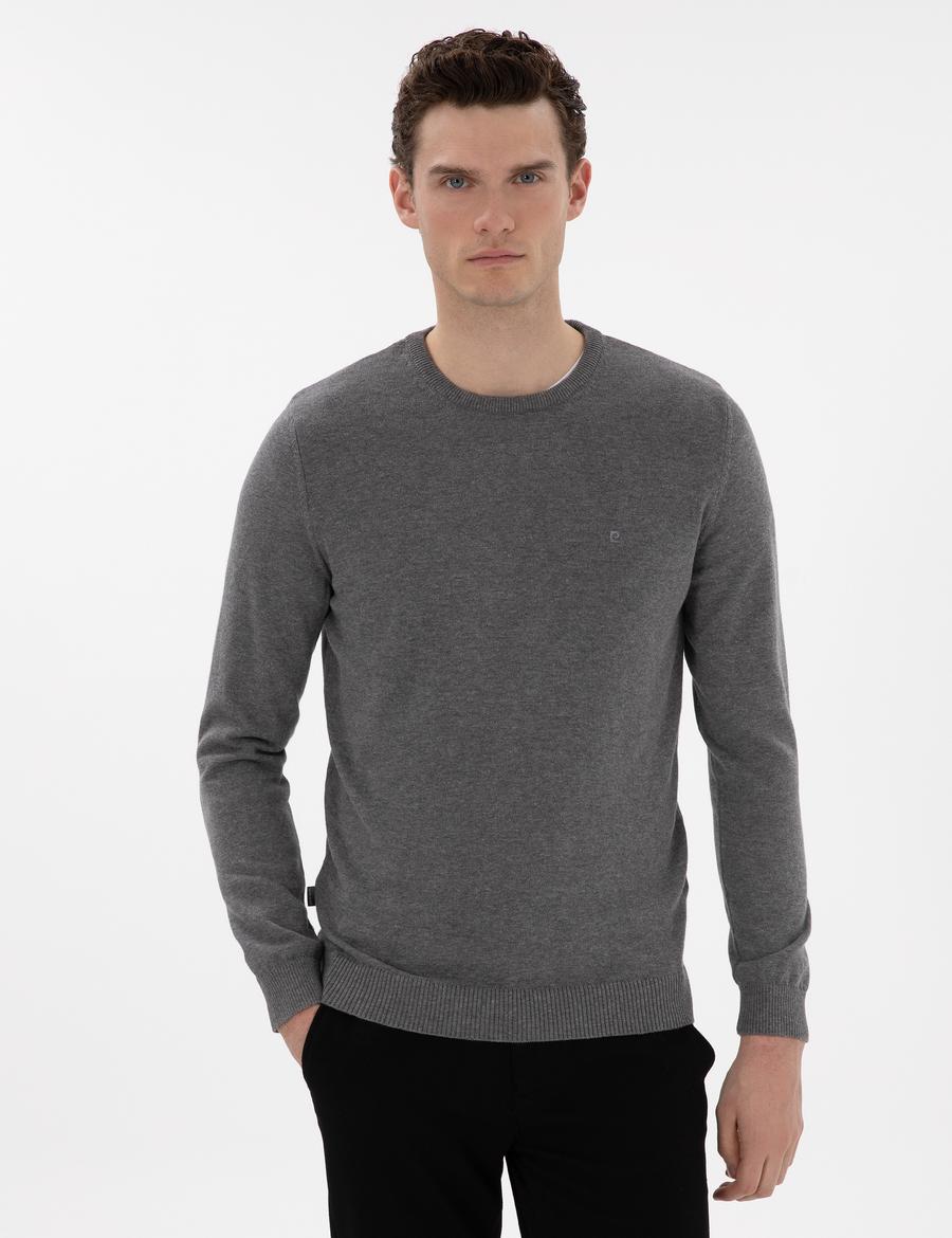 Gri Melanj Slim Fit Bisiklet Yaka Basic Triko Kazak