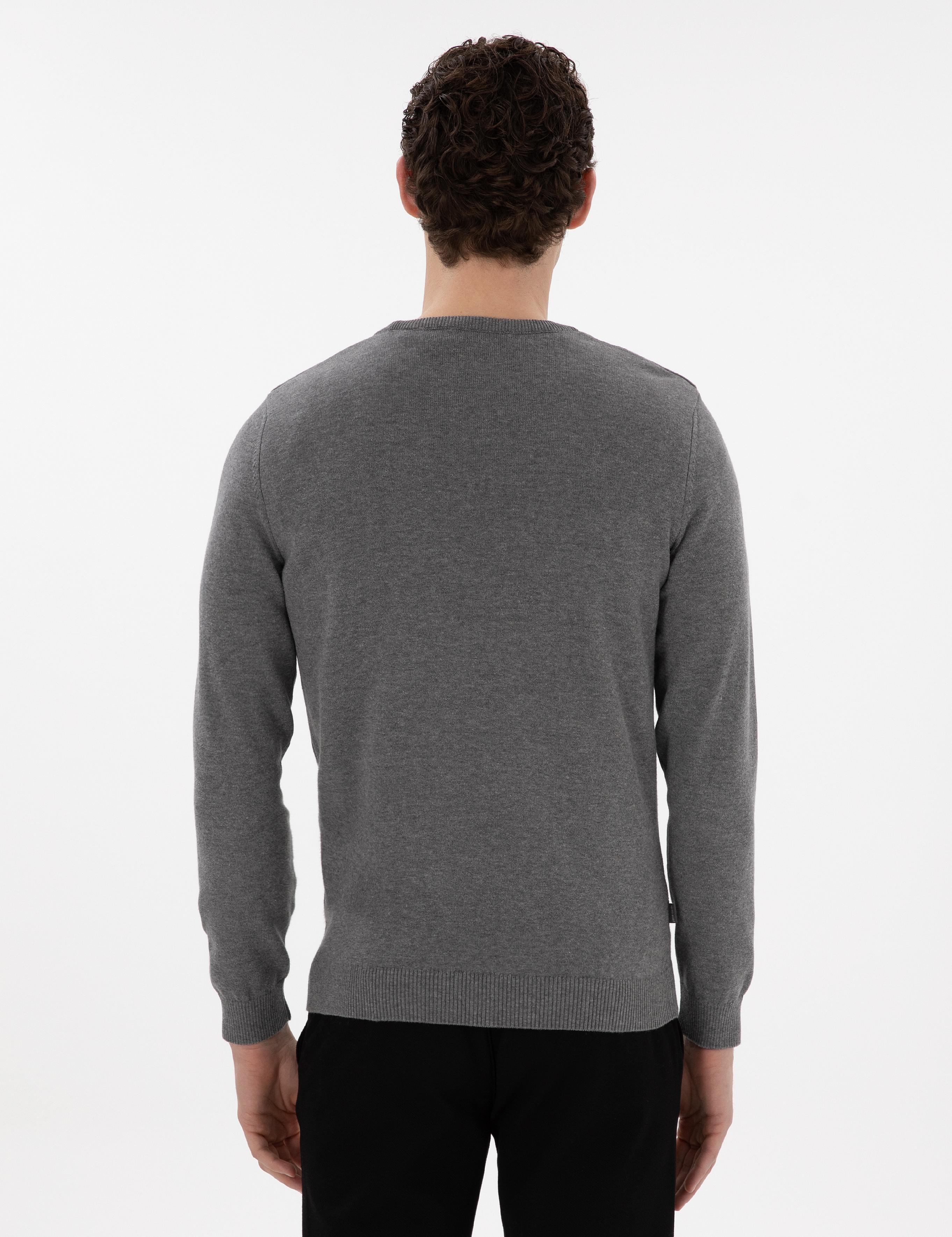 Gri Melanj Slim Fit Bisiklet Yaka Basic Triko Kazak