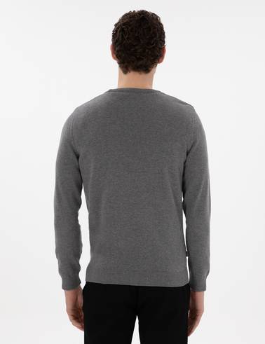 Gri Melanj Slim Fit Bisiklet Yaka Basic Triko Kazak