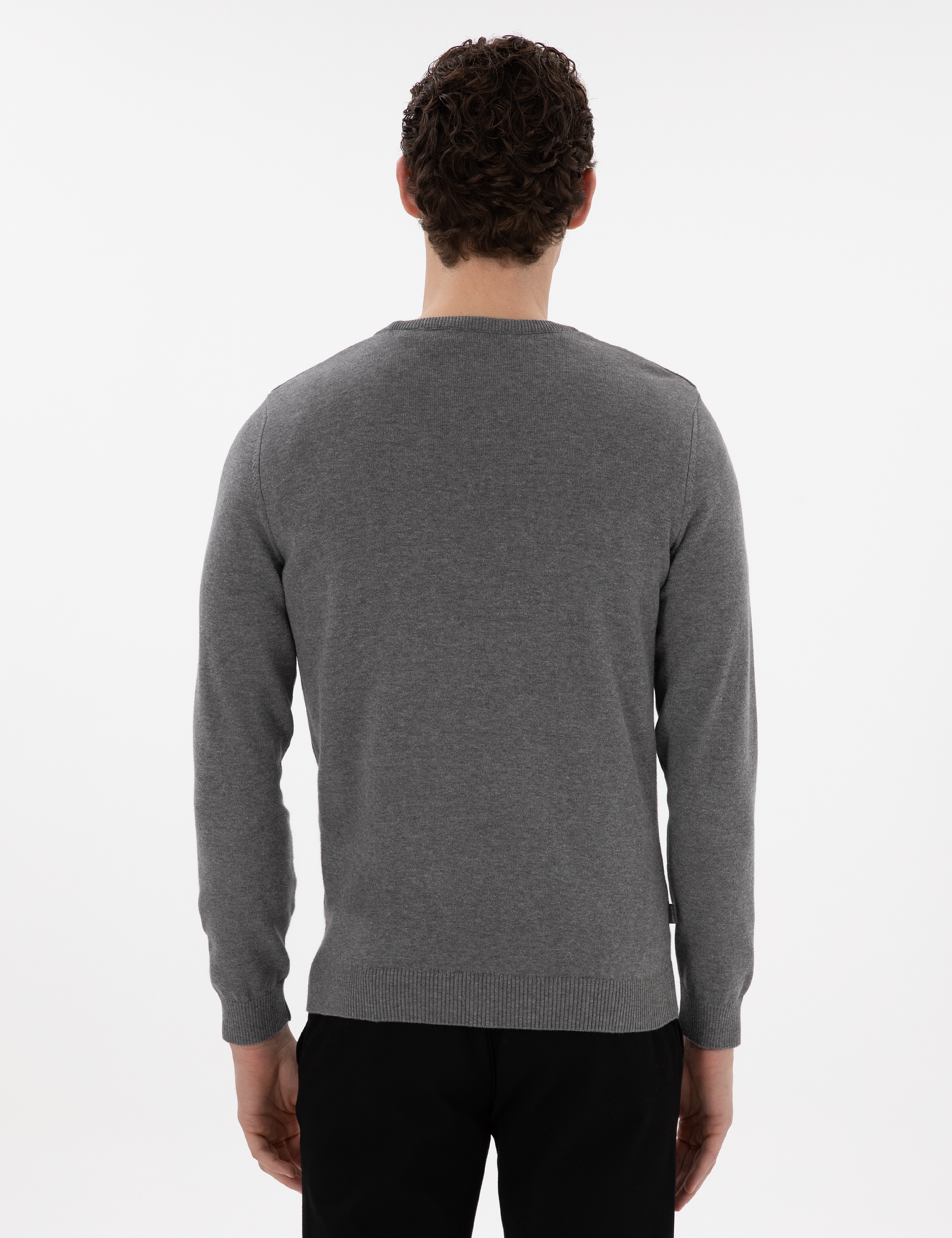 Gri Melanj Slim Fit Bisiklet Yaka Basic Triko Kazak - Image 5