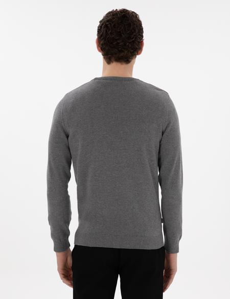 Gri Melanj Slim Fit Bisiklet Yaka Basic Triko Kazak - 50296575151