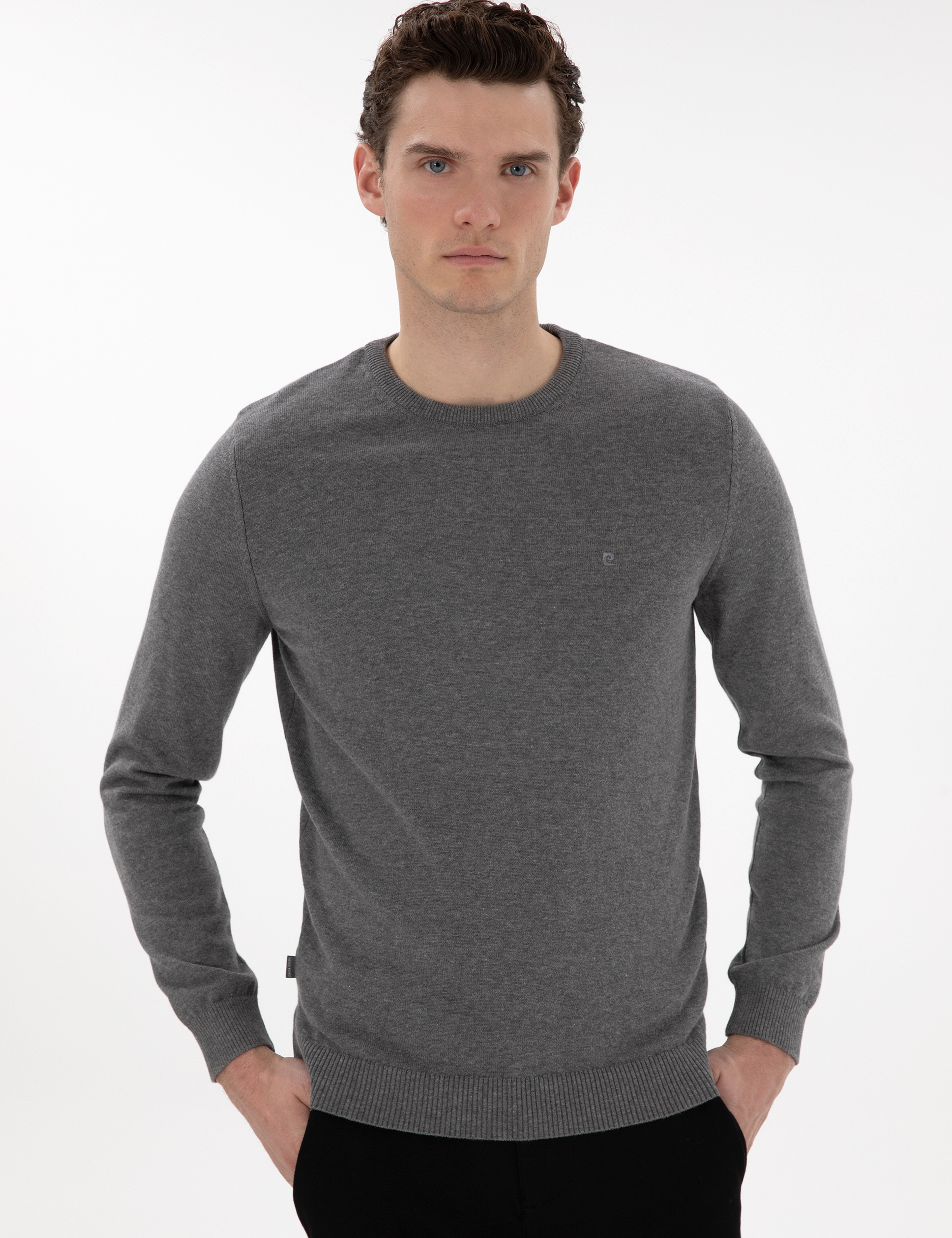 Gri Melanj Slim Fit Bisiklet Yaka Basic Triko Kazak - Image 3