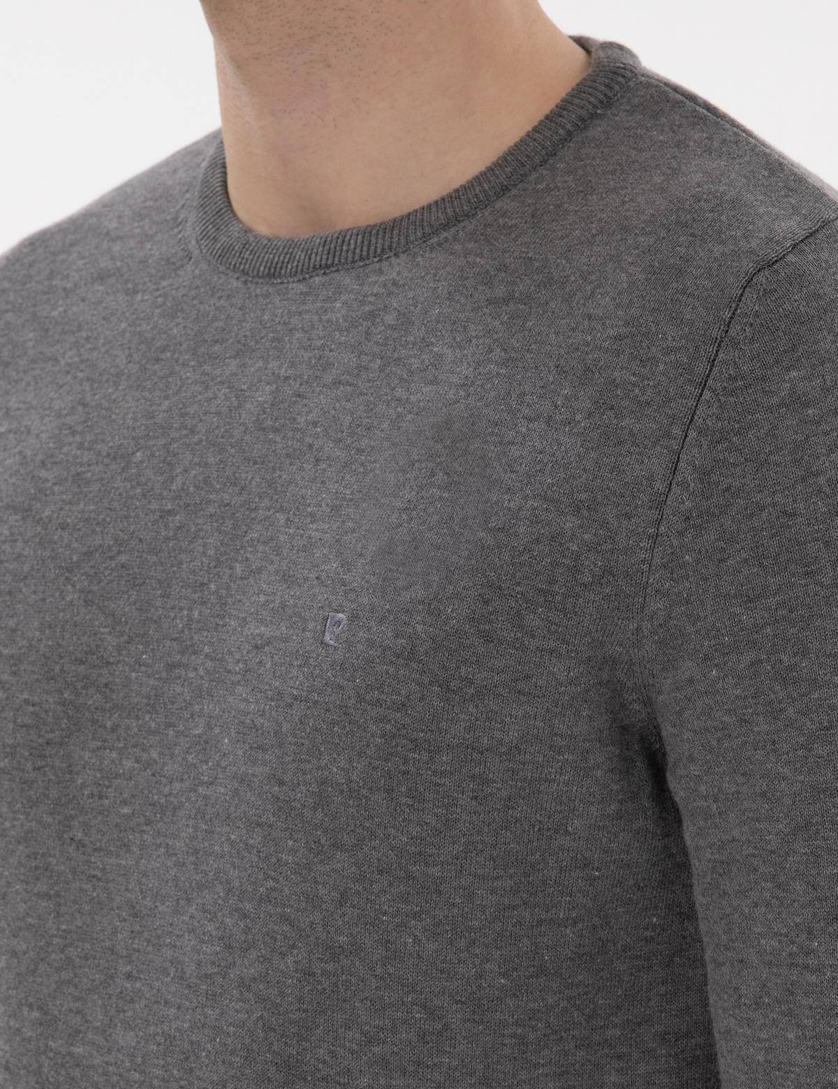 Gri Melanj Slim Fit Bisiklet Yaka Basic Triko Kazak - 50296575151