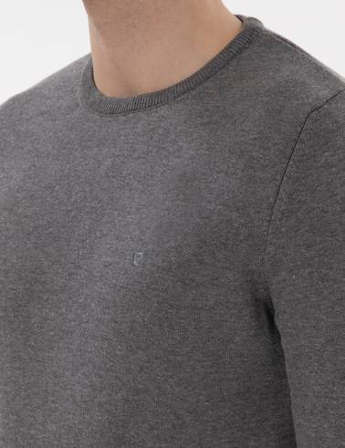 Gri Melanj Slim Fit Bisiklet Yaka Basic Triko Kazak