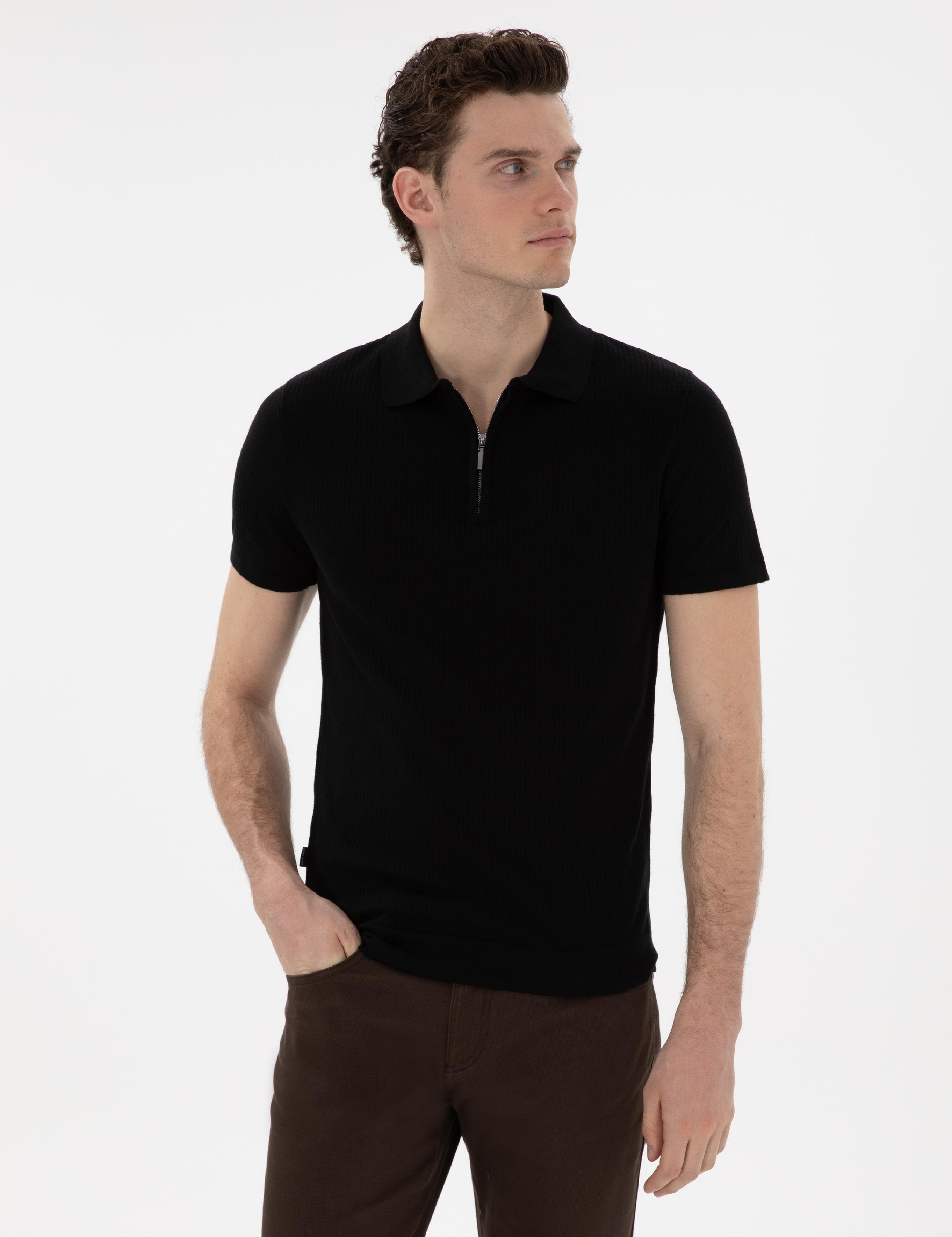 Siyah Slim Fit Fermuarlı Polo Yaka Triko Tişört
