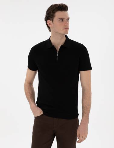 Siyah Slim Fit Fermuarlı Polo Yaka Triko Tişört