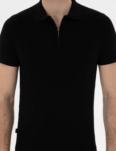 Siyah Slim Fit Fermuarlı Polo Yaka Triko Tişört