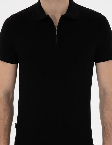 Siyah Slim Fit Fermuarlı Polo Yaka Triko Tişört - 50303605018