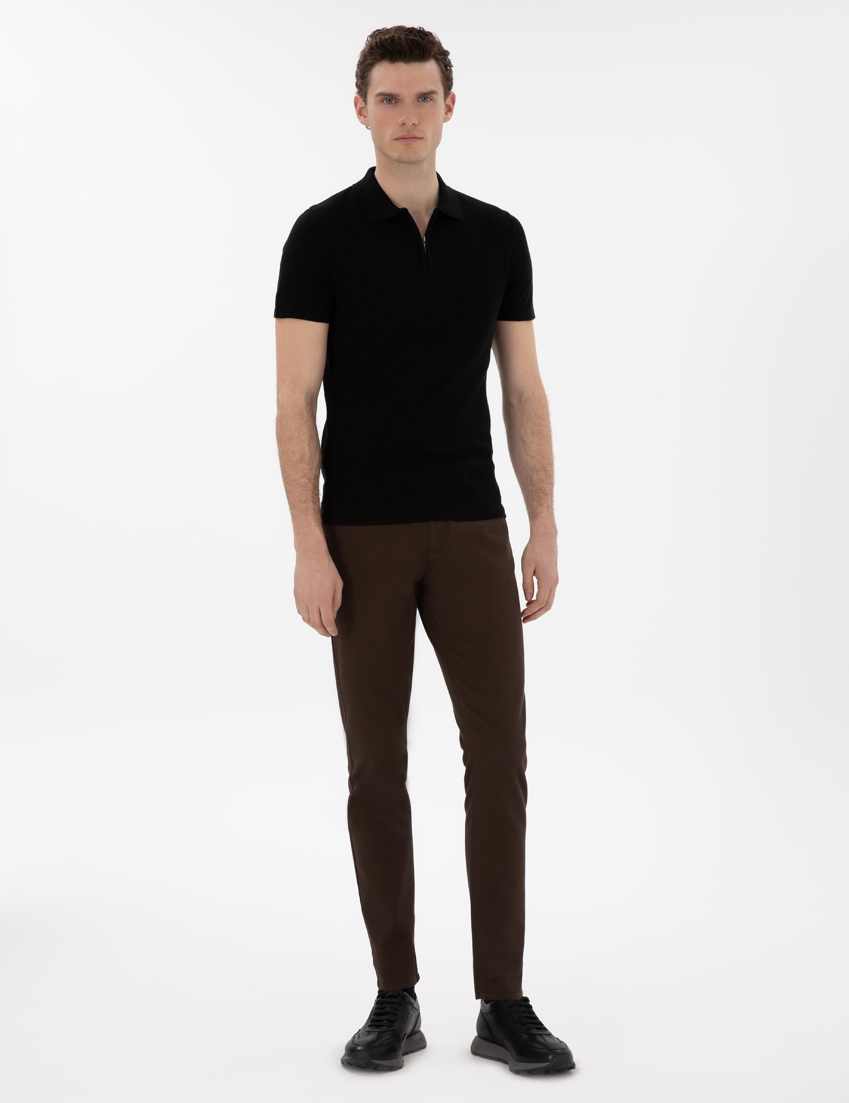 Siyah Slim Fit Fermuarlı Polo Yaka Triko Tişört