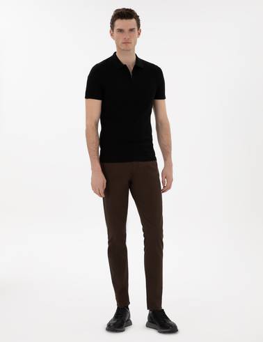 Siyah Slim Fit Fermuarlı Polo Yaka Triko Tişört