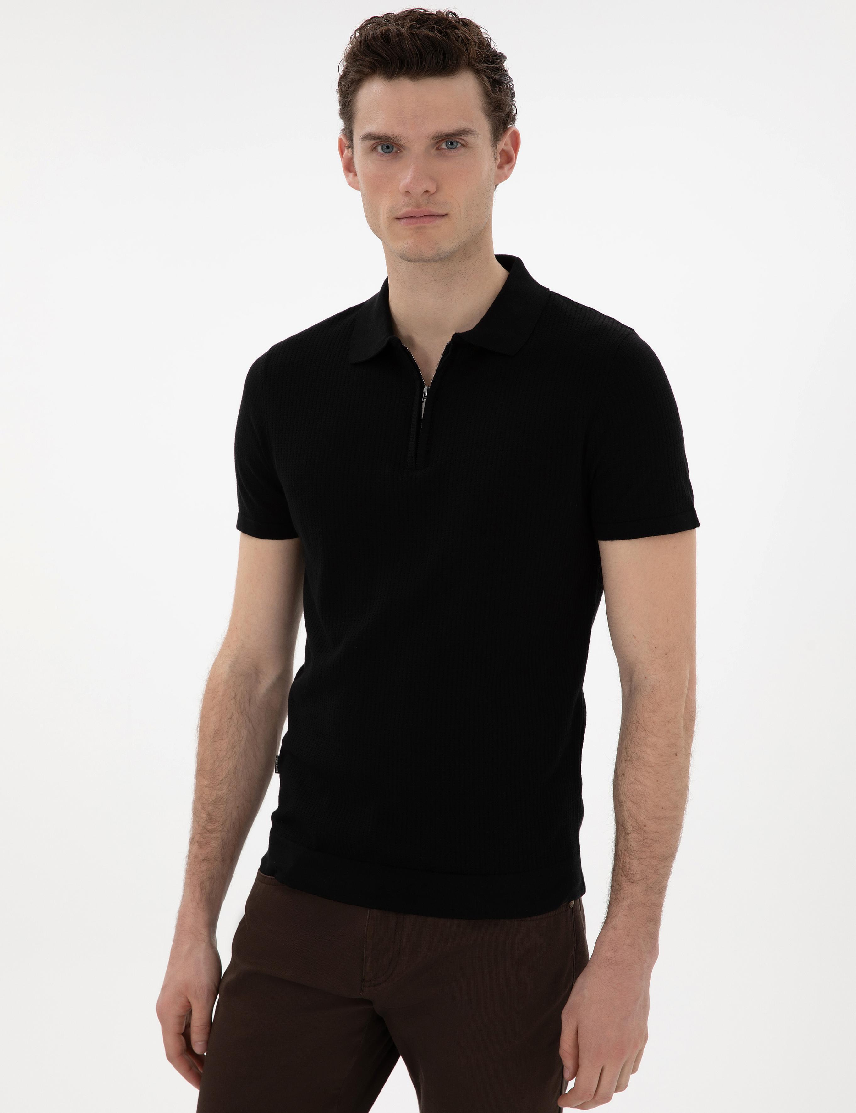 Siyah Slim Fit Fermuarlı Polo Yaka Triko Tişört
