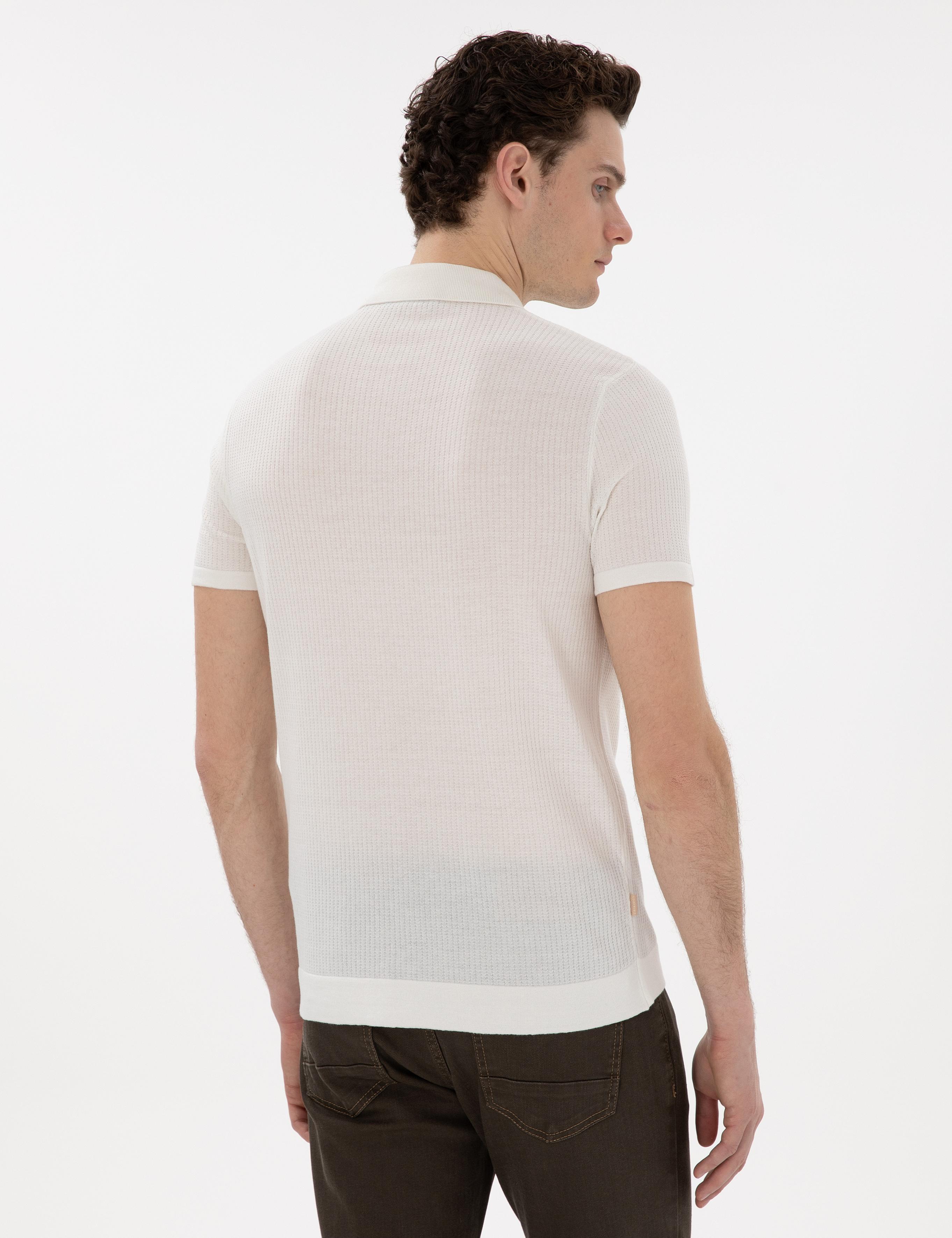 Ekru Slim Fit Fermuarlı Polo Yaka Triko Tişört
