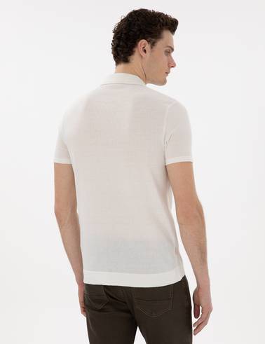 Ekru Slim Fit Fermuarlı Polo Yaka Triko Tişört