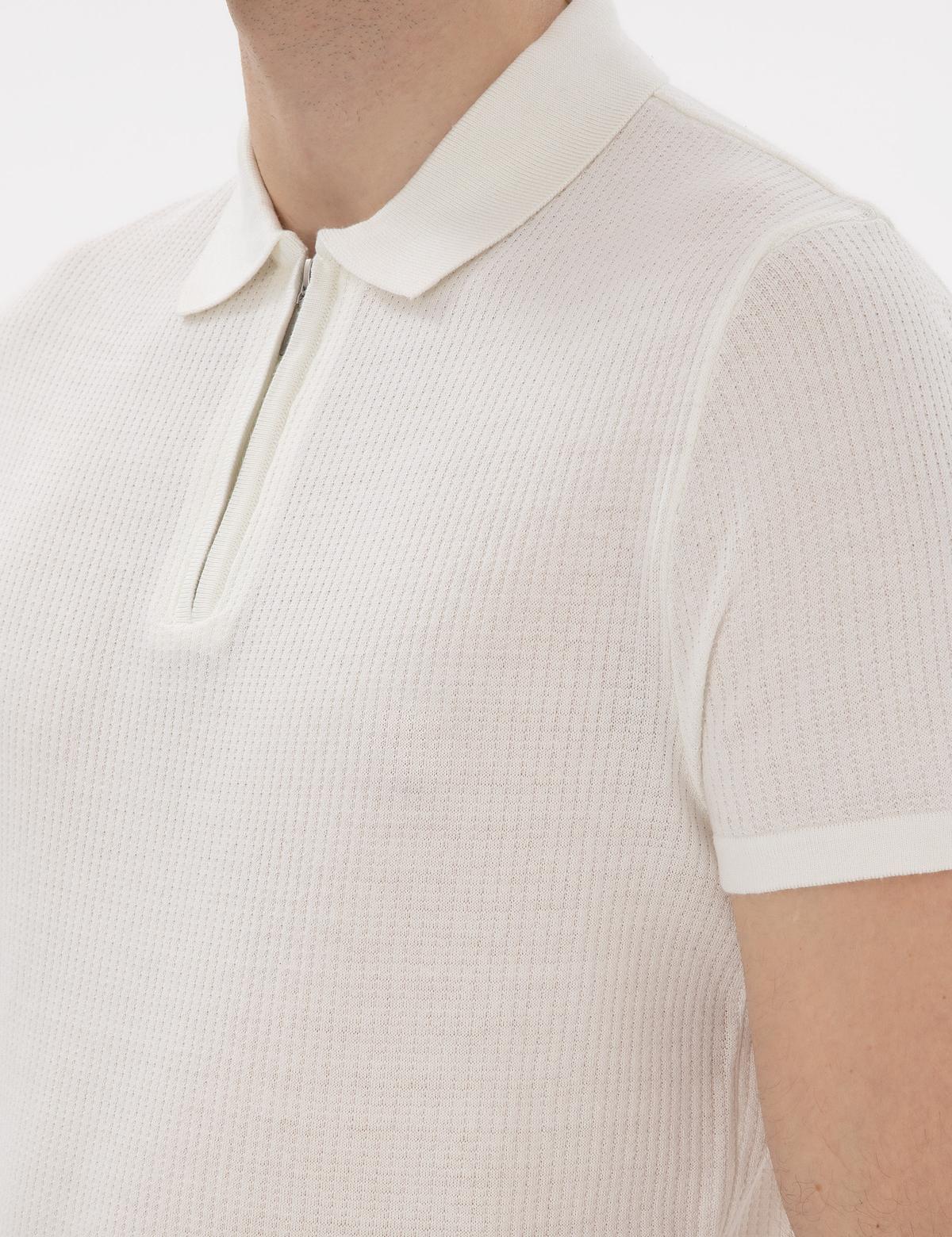 Ekru Slim Fit Fermuarlı Polo Yaka Triko Tişört - 50303605006
