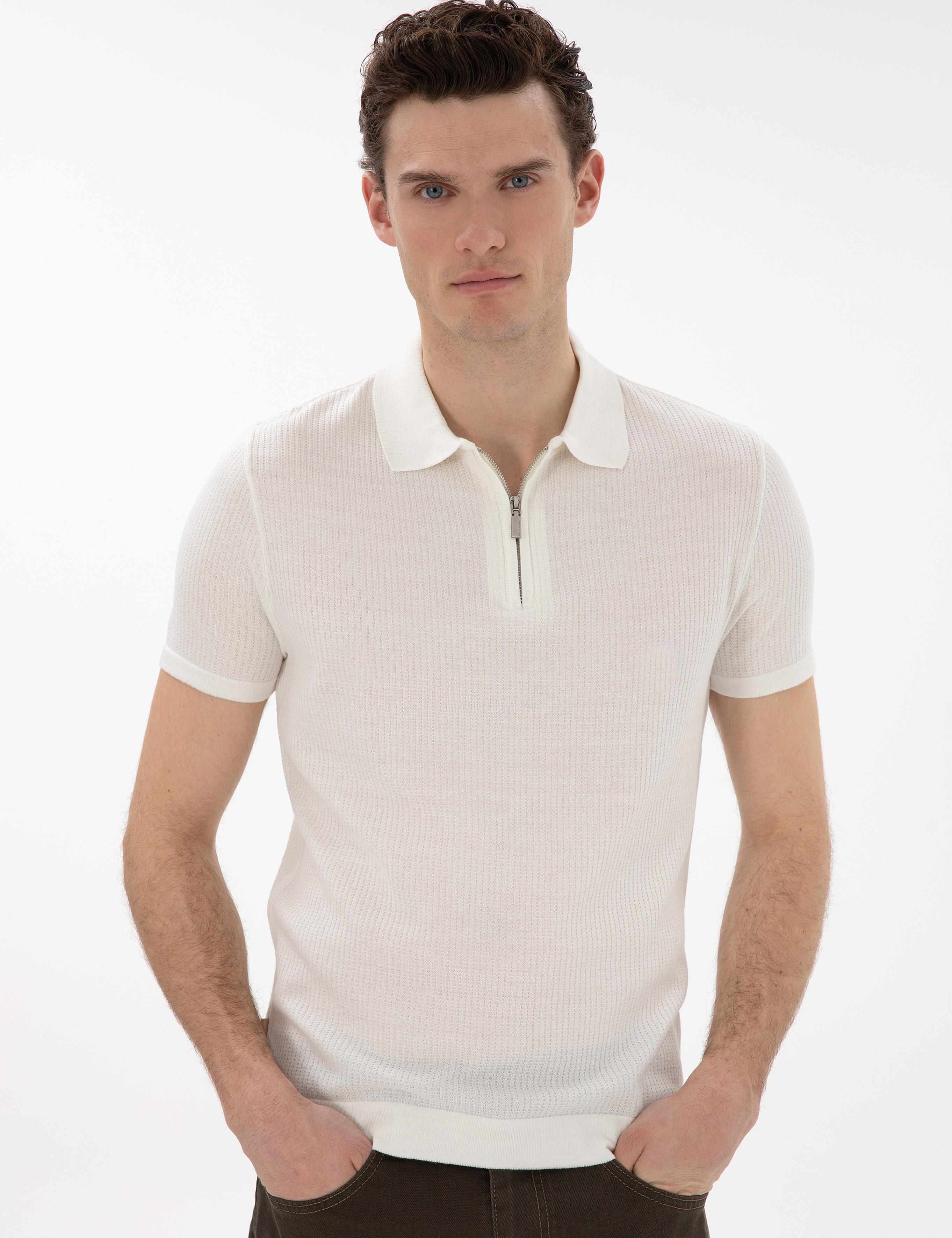 Ekru Slim Fit Fermuarlı Polo Yaka Triko Tişört