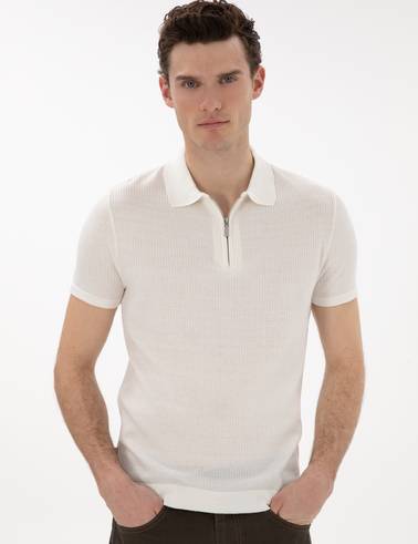 Ekru Slim Fit Fermuarlı Polo Yaka Triko Tişört