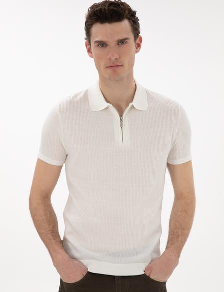 Ekru Slim Fit Fermuarlı Polo Yaka Triko Tişört - 50303605006