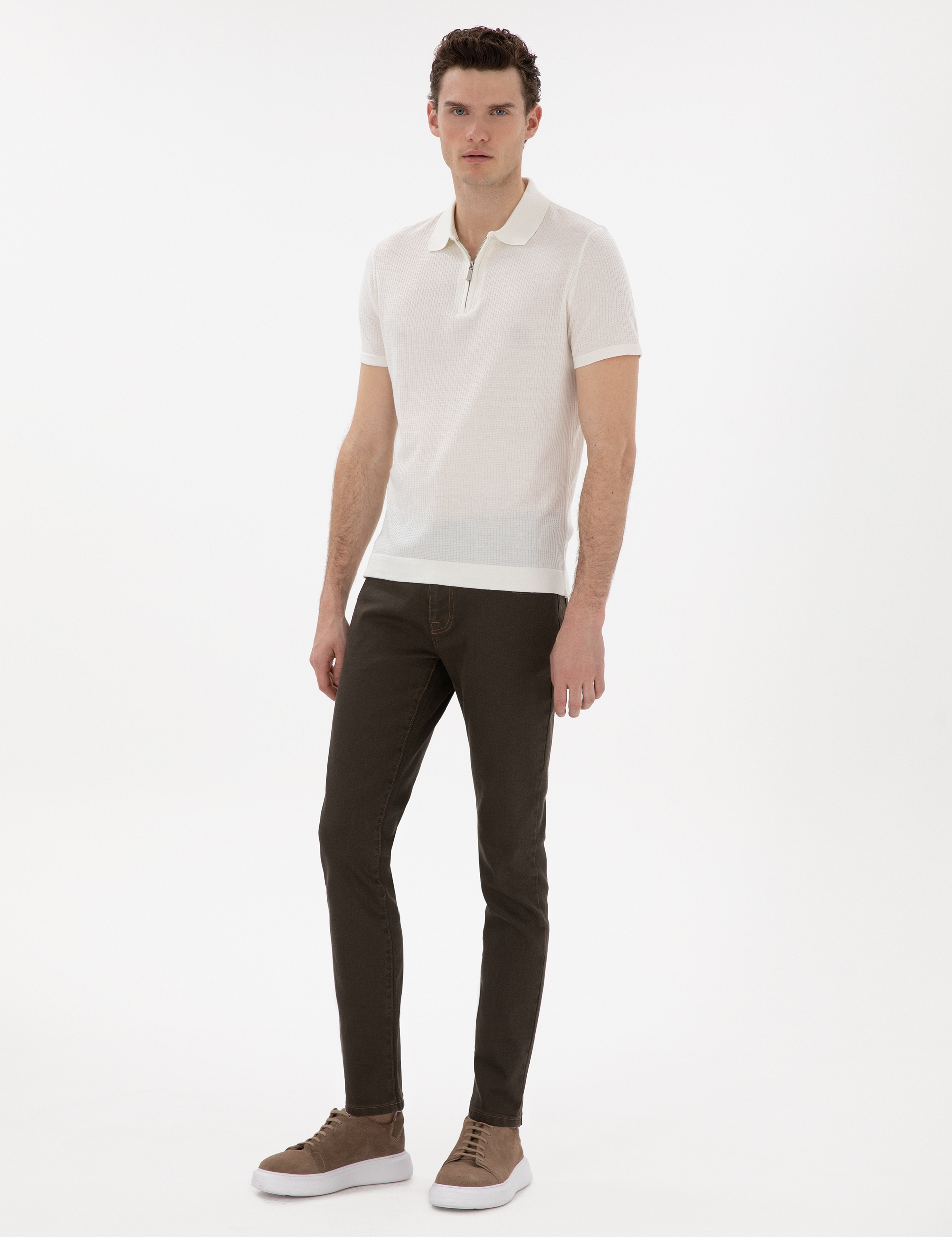Ekru Slim Fit Fermuarlı Polo Yaka Triko Tişört - Image 4