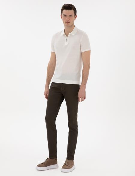 Ekru Slim Fit Fermuarlı Polo Yaka Triko Tişört - 50303605006