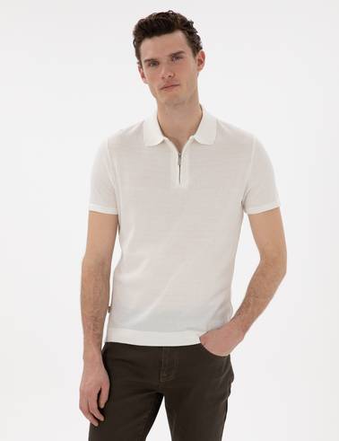 Ekru Slim Fit Fermuarlı Polo Yaka Triko Tişört