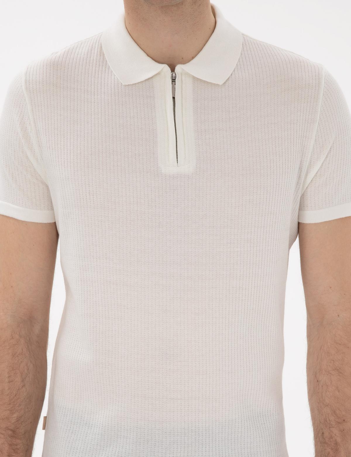 Ekru Slim Fit Fermuarlı Polo Yaka Triko Tişört - 50303605006