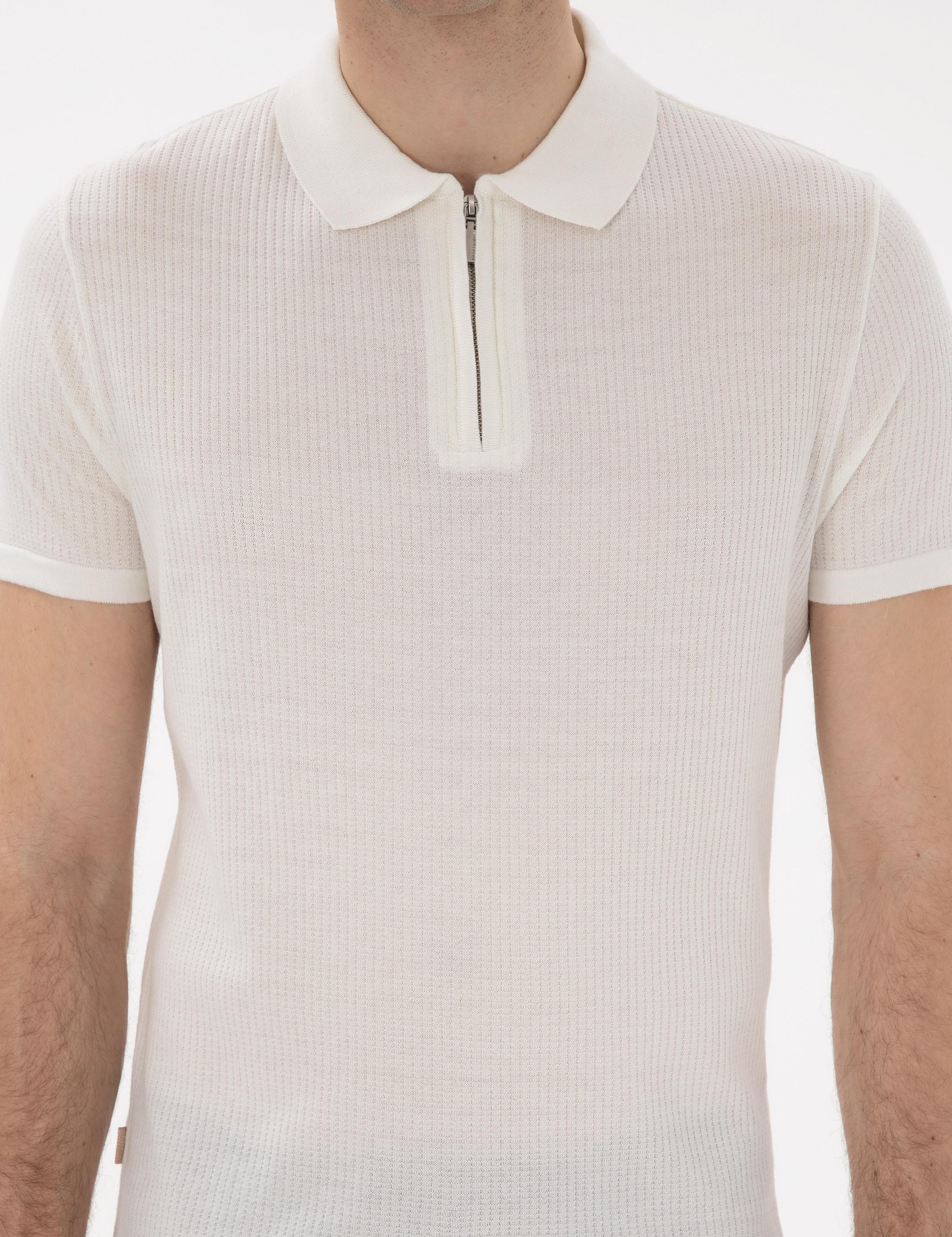 Ekru Slim Fit Fermuarlı Polo Yaka Triko Tişört