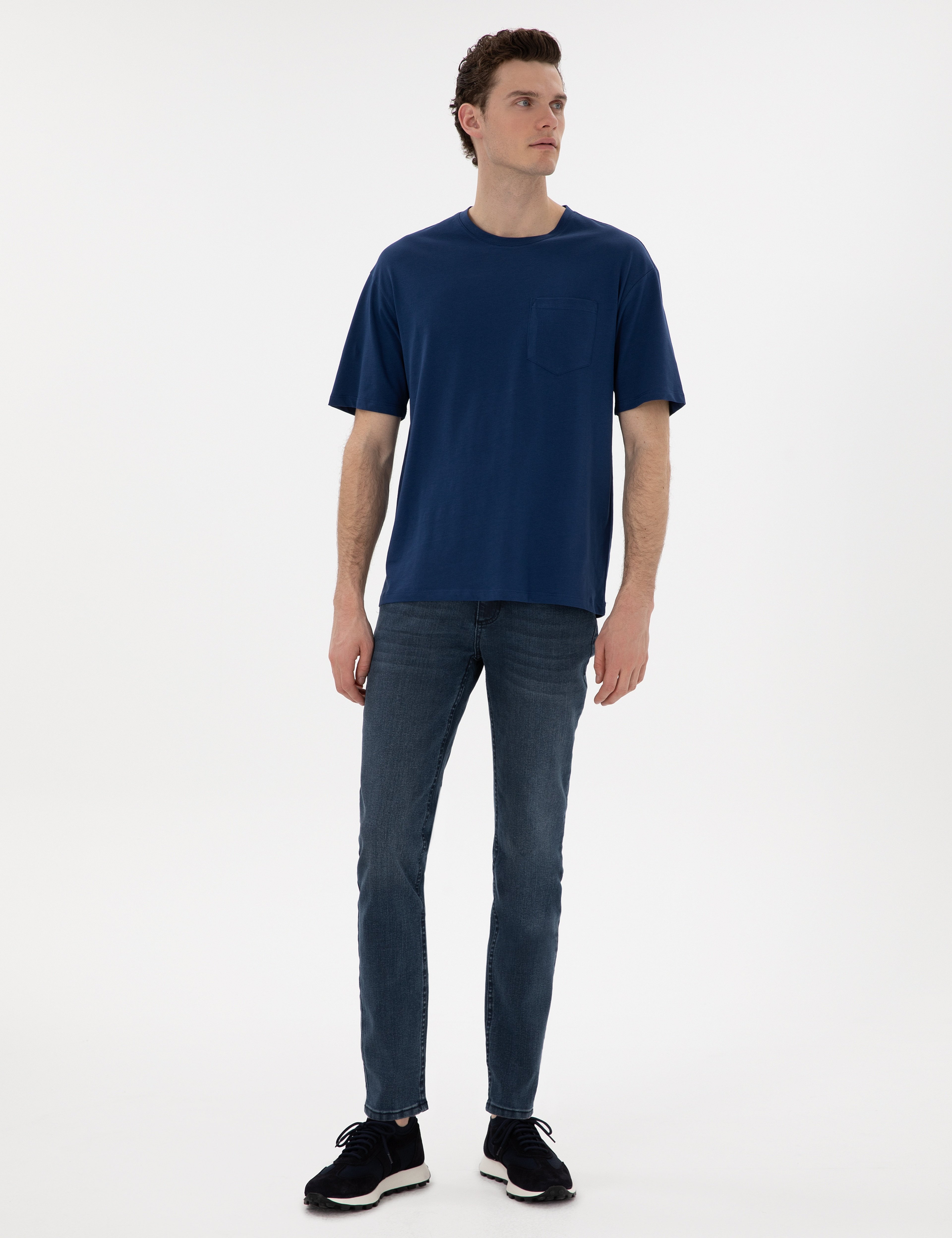 Açık Lacivert Comfort Fit %100 Pamuk Bisiklet Yaka Basic Tişört