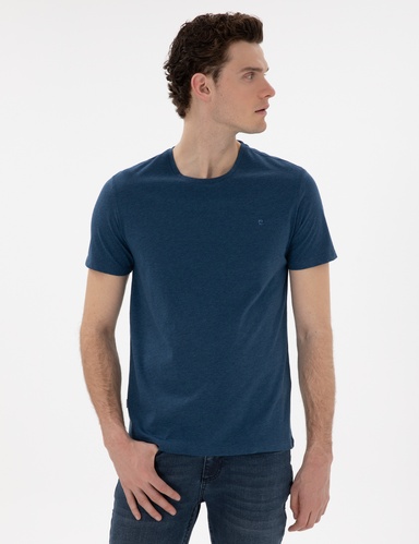 İndigo Melanj Slim Fit %100 Pamuk Bisiklet Yaka Basic Tişört