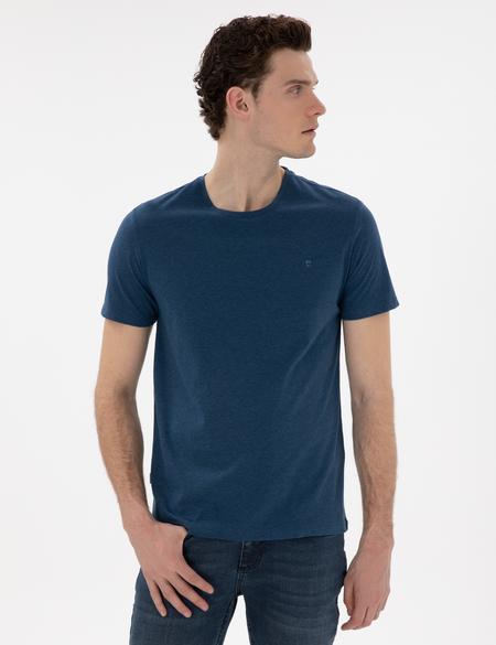 İndigo Melanj Pamuk Karışımlı Slim Fit Bisiklet Yaka Basic Tişört - 50306980100