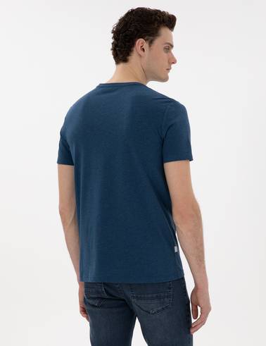 İndigo Melanj Slim Fit %100 Pamuk Bisiklet Yaka Basic Tişört
