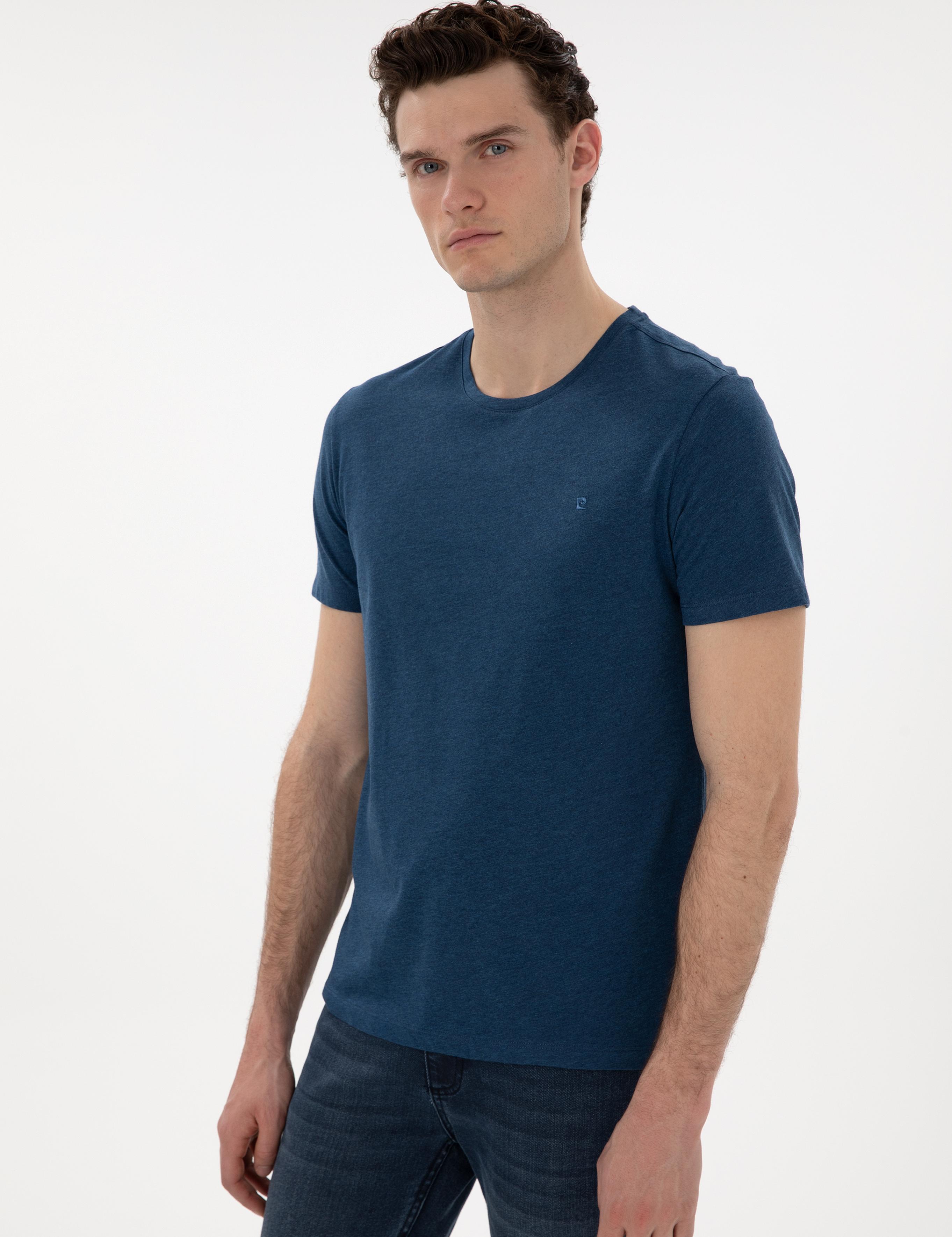 İndigo Melanj Pamuk Karışımlı Slim Fit Bisiklet Yaka Basic Tişört