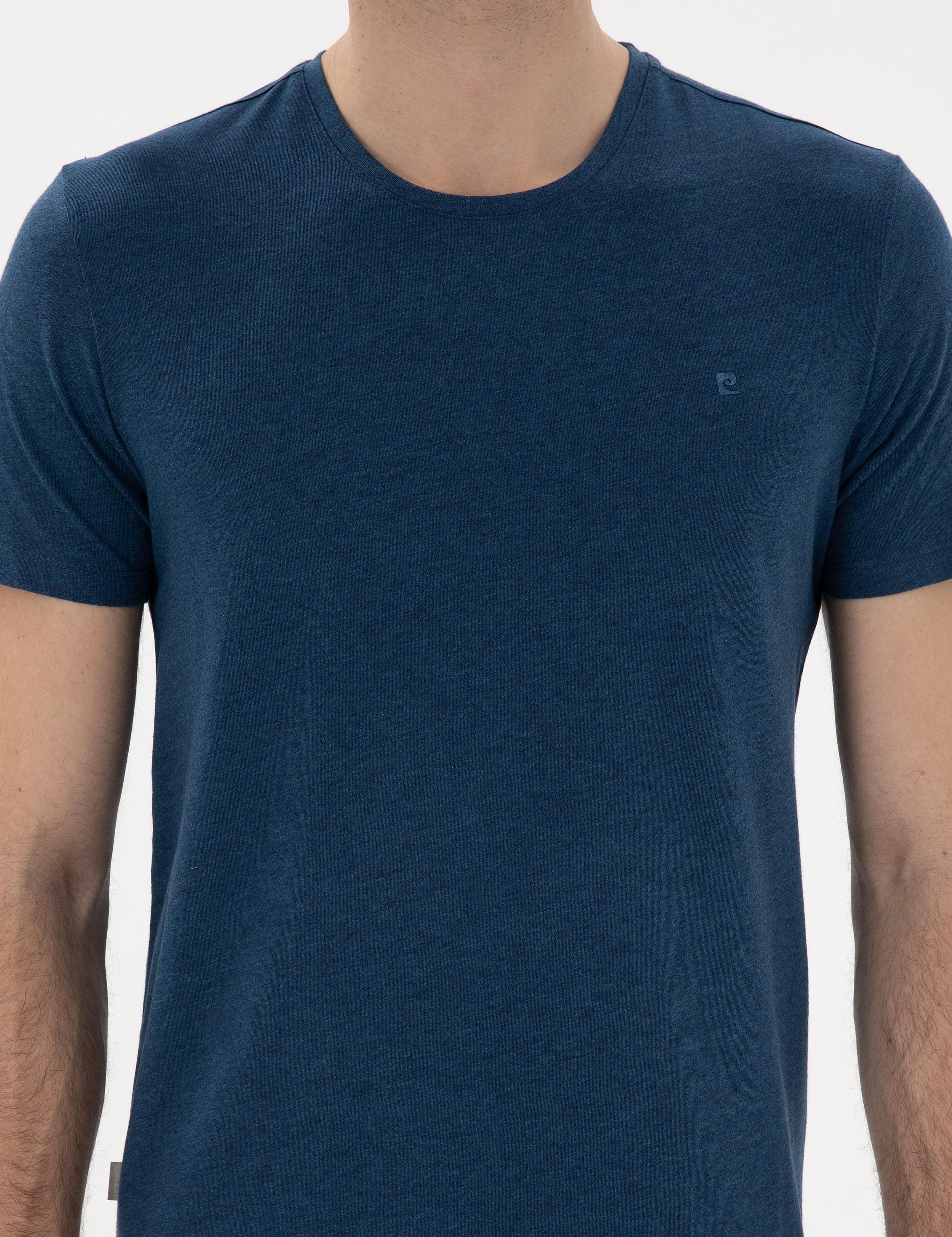 İndigo Melanj Pamuk Karışımlı Slim Fit Bisiklet Yaka Basic Tişört