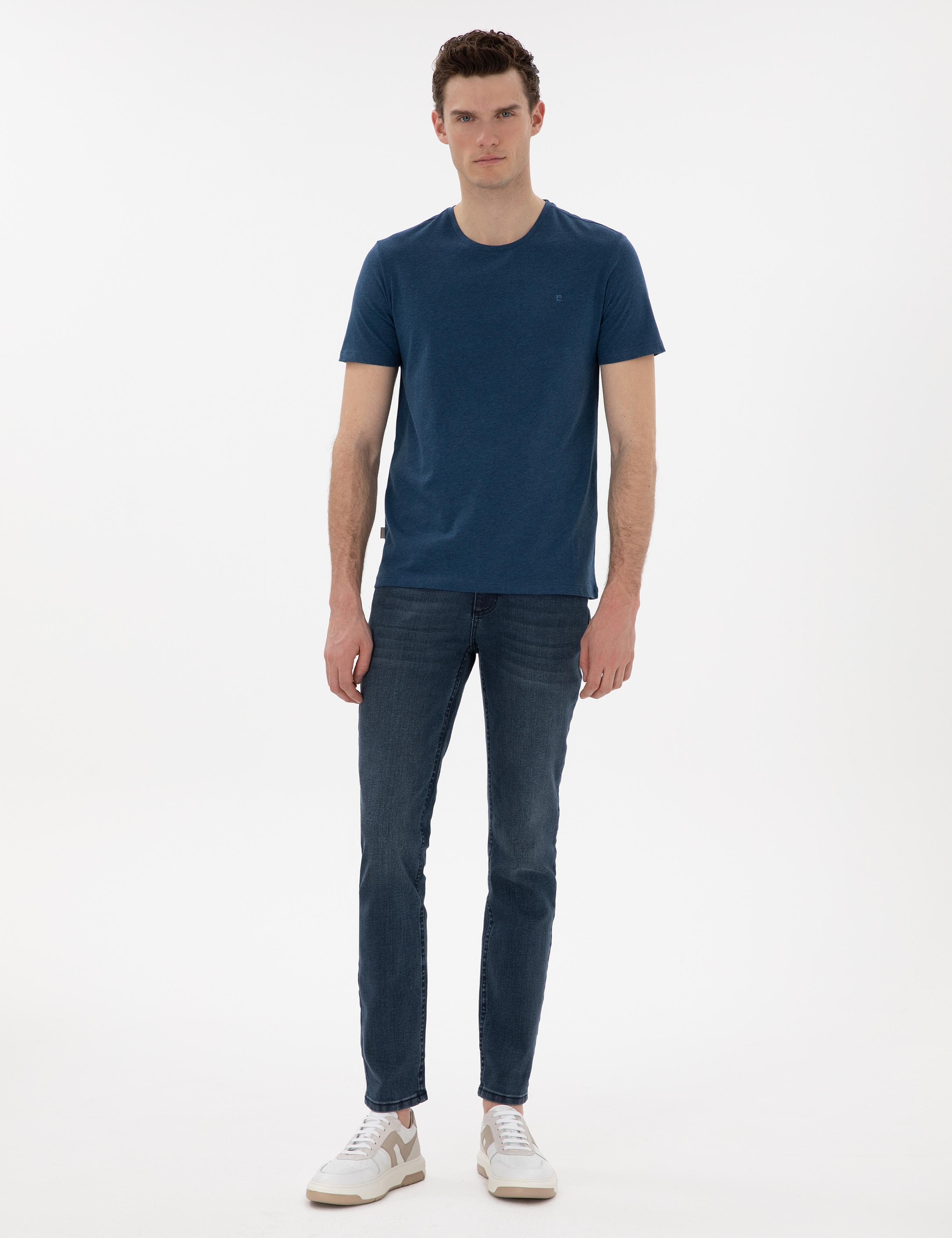 İndigo Melanj Pamuk Karışımlı Slim Fit Bisiklet Yaka Basic Tişört