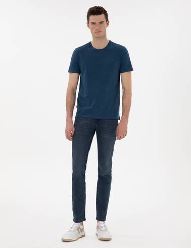 İndigo Melanj Slim Fit %100 Pamuk Bisiklet Yaka Basic Tişört