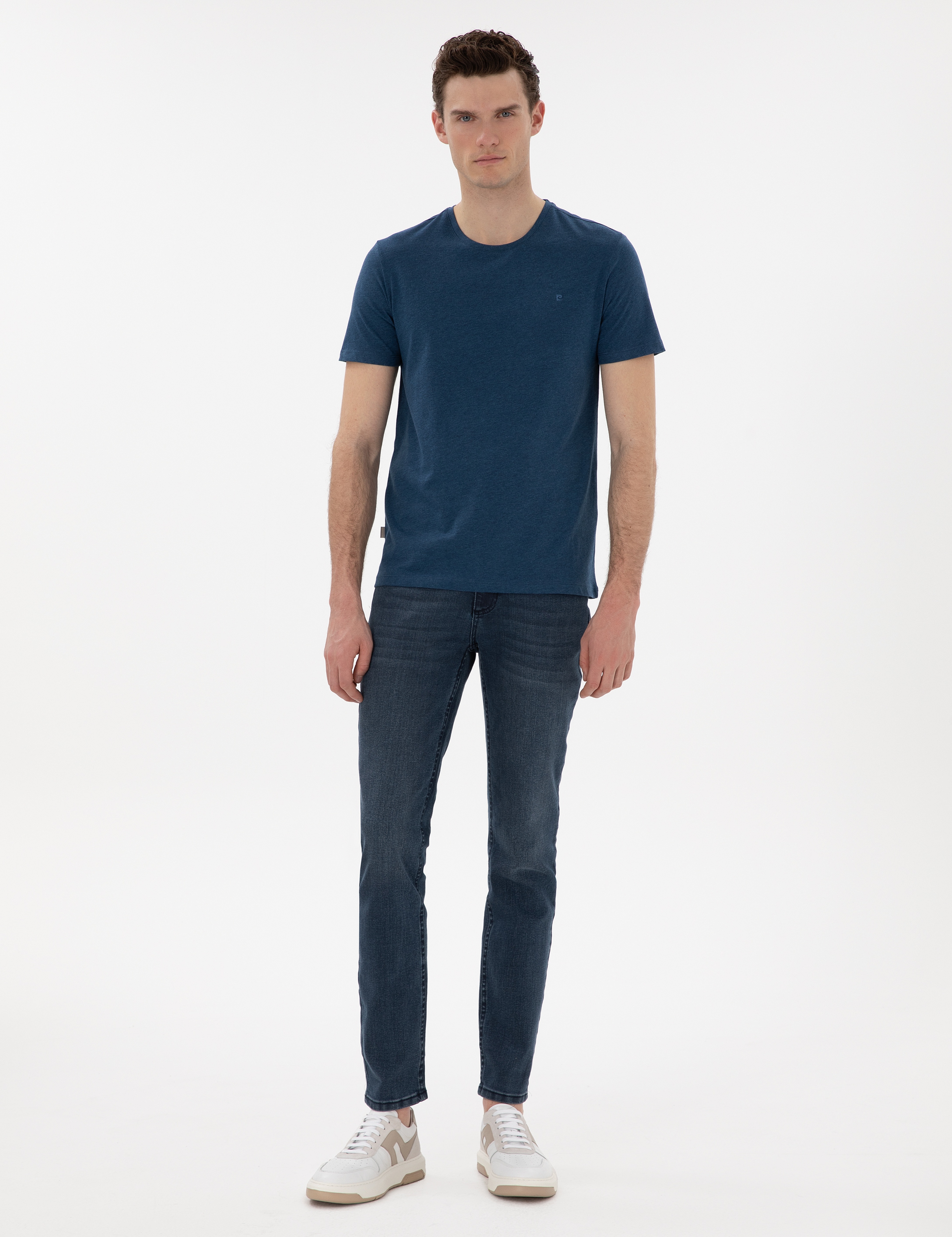 İndigo Melanj Slim Fit %100 Pamuk Bisiklet Yaka Basic Tişört - Image 4