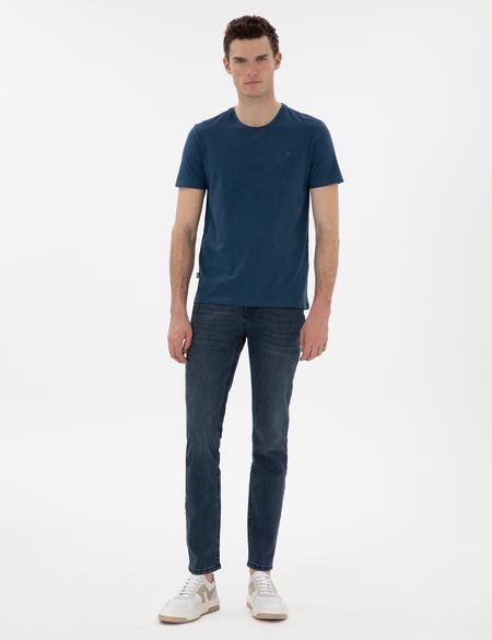 İndigo Melanj Pamuk Karışımlı Slim Fit Bisiklet Yaka Basic Tişört - 50306980100