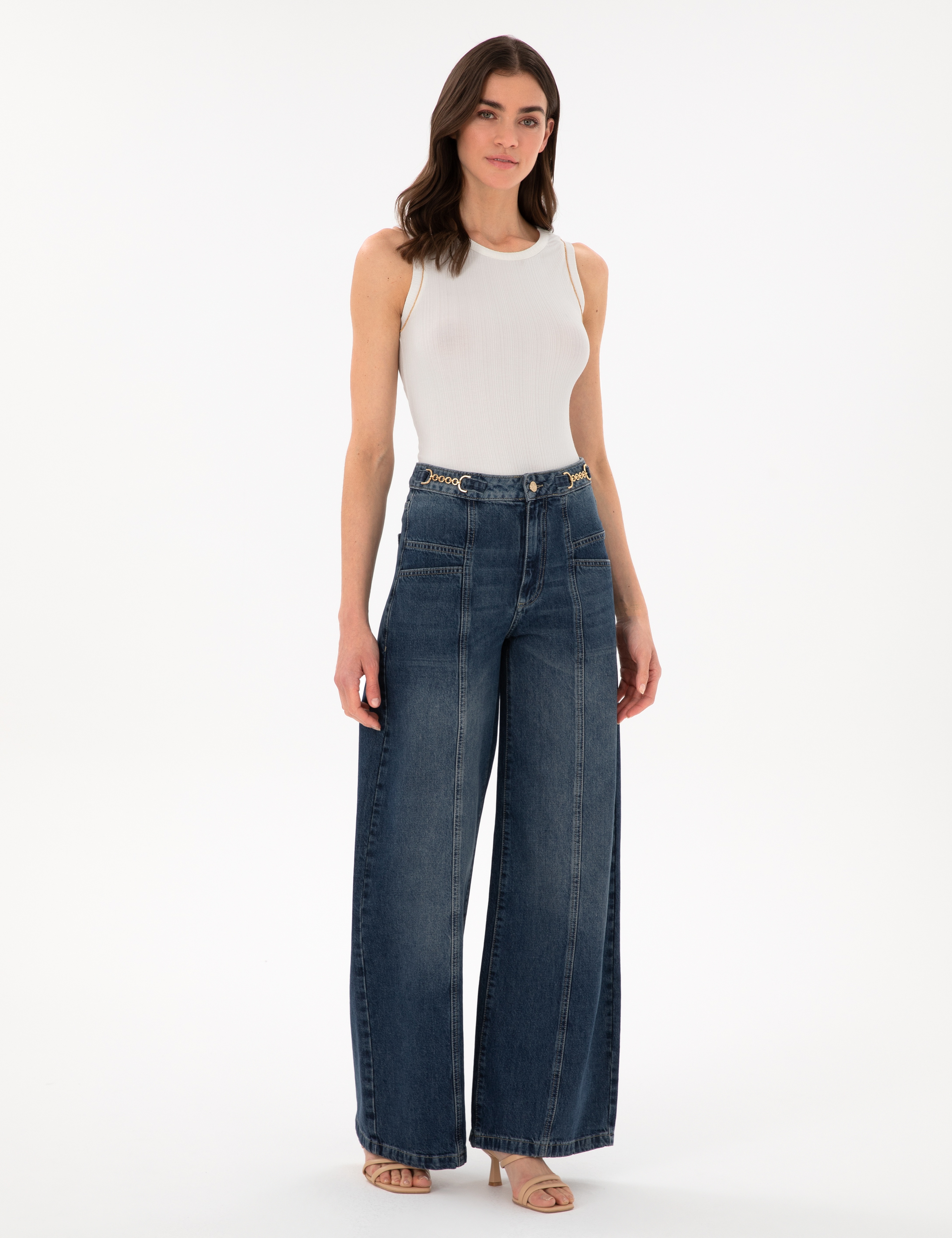 İndigo Wide Flare Jean Pantolon