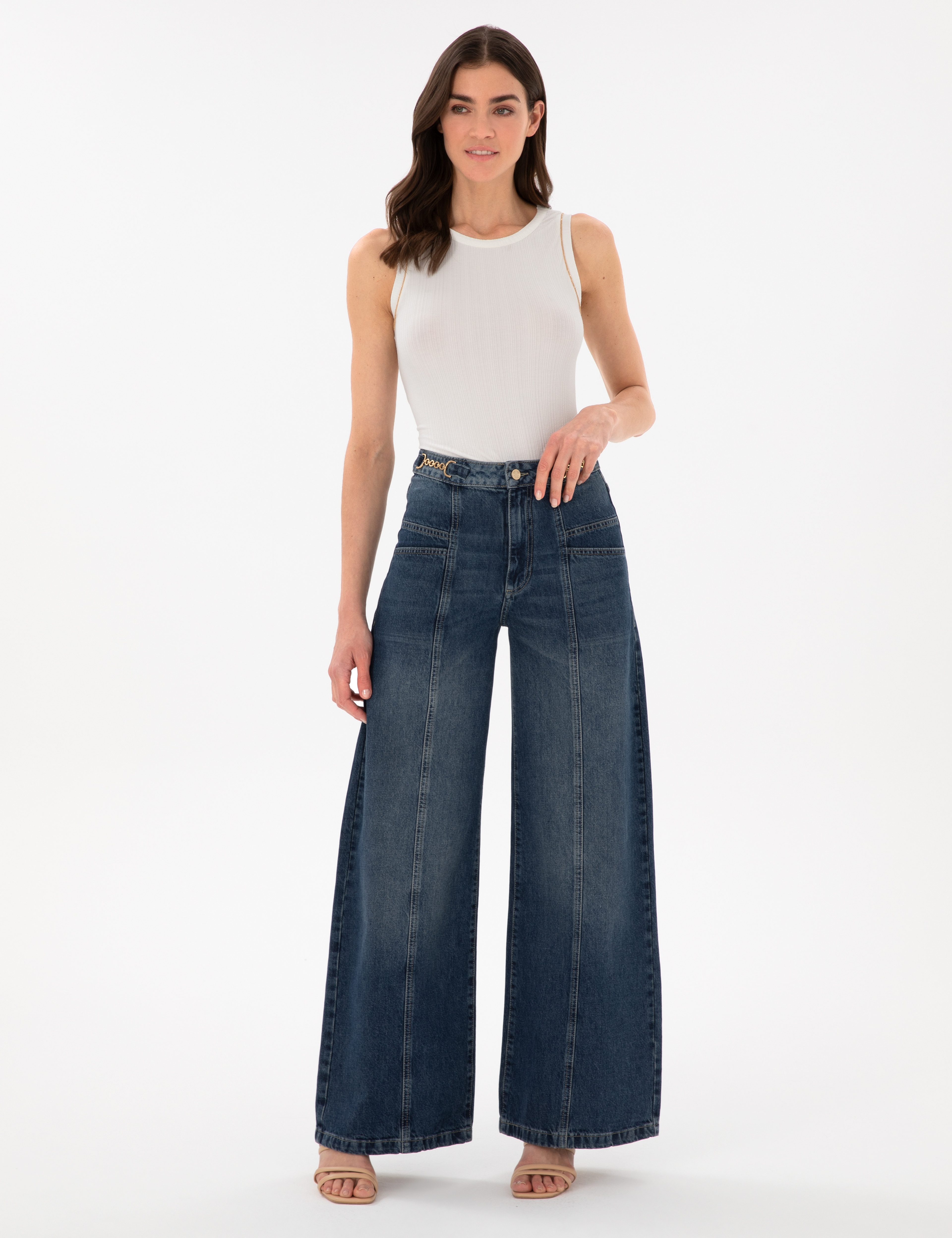 İndigo Wide Flare Jean Pantolon - Image 3