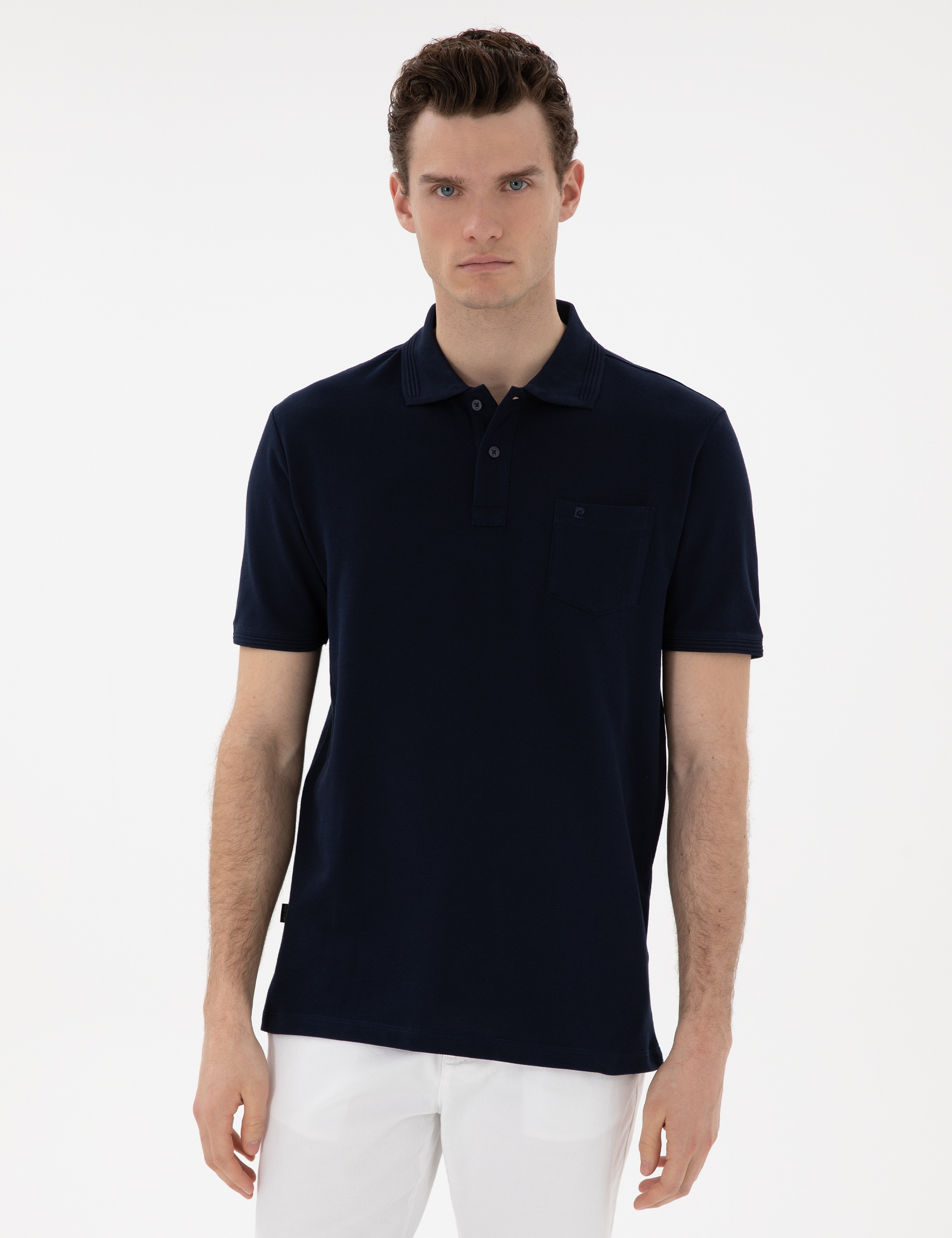 Lacivert Regular Fit Kıvrılmaz Polo Yaka Basic Tişört - Image 1