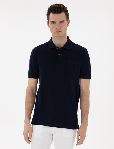 Lacivert Regular Fit %100 Pamuk Kıvrılmaz Düğmeli Polo Yaka Basic Tişört