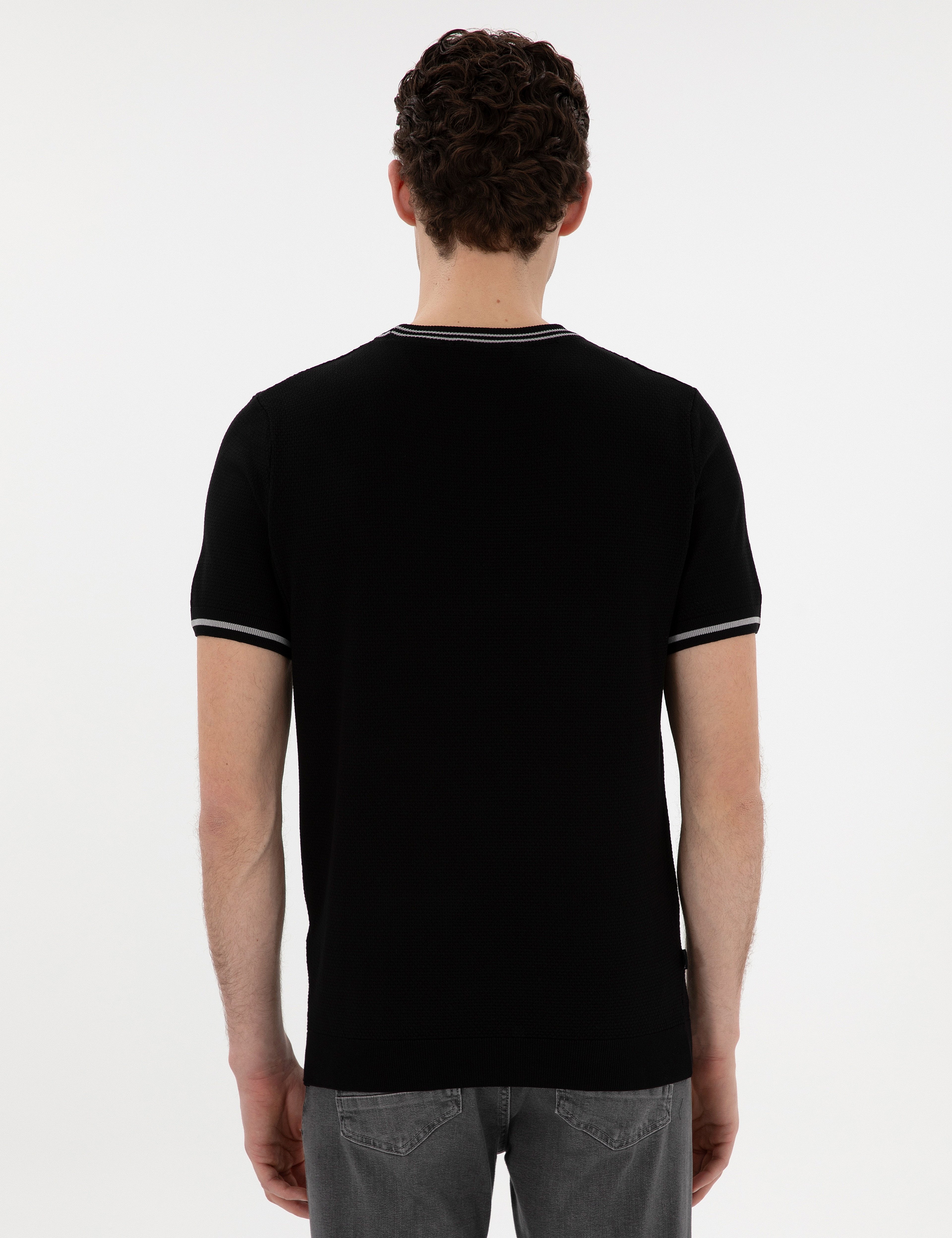 Siyah Slim Fit Bisiklet Yaka Triko Tişört - Image 5