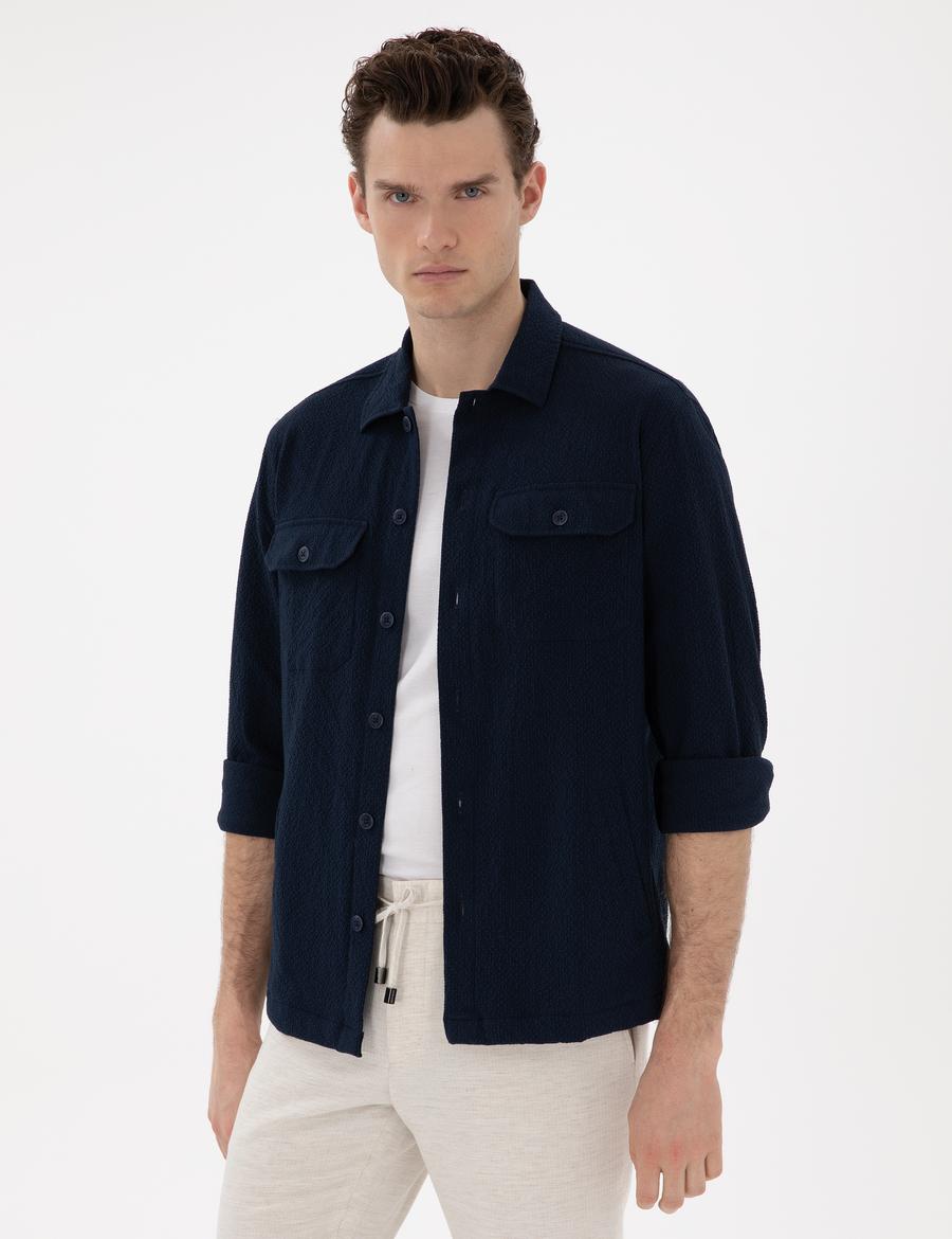 Lacivert Rahat Kalıp Uzun Kollu Gömlek